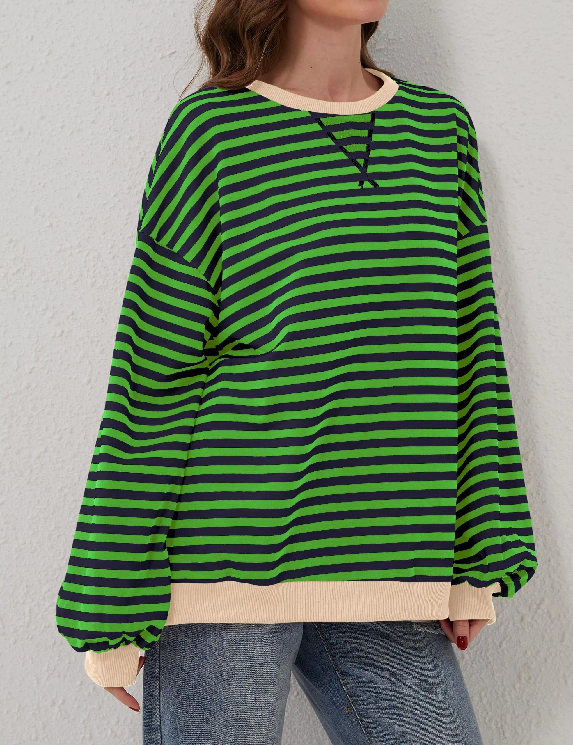 Women Oversized Striped Color Block Long Sleeve Crew Neck Sweatshirt Casual Loose Pullover Y2K Shirt Top Medium Grey Green - Evallys.com # #