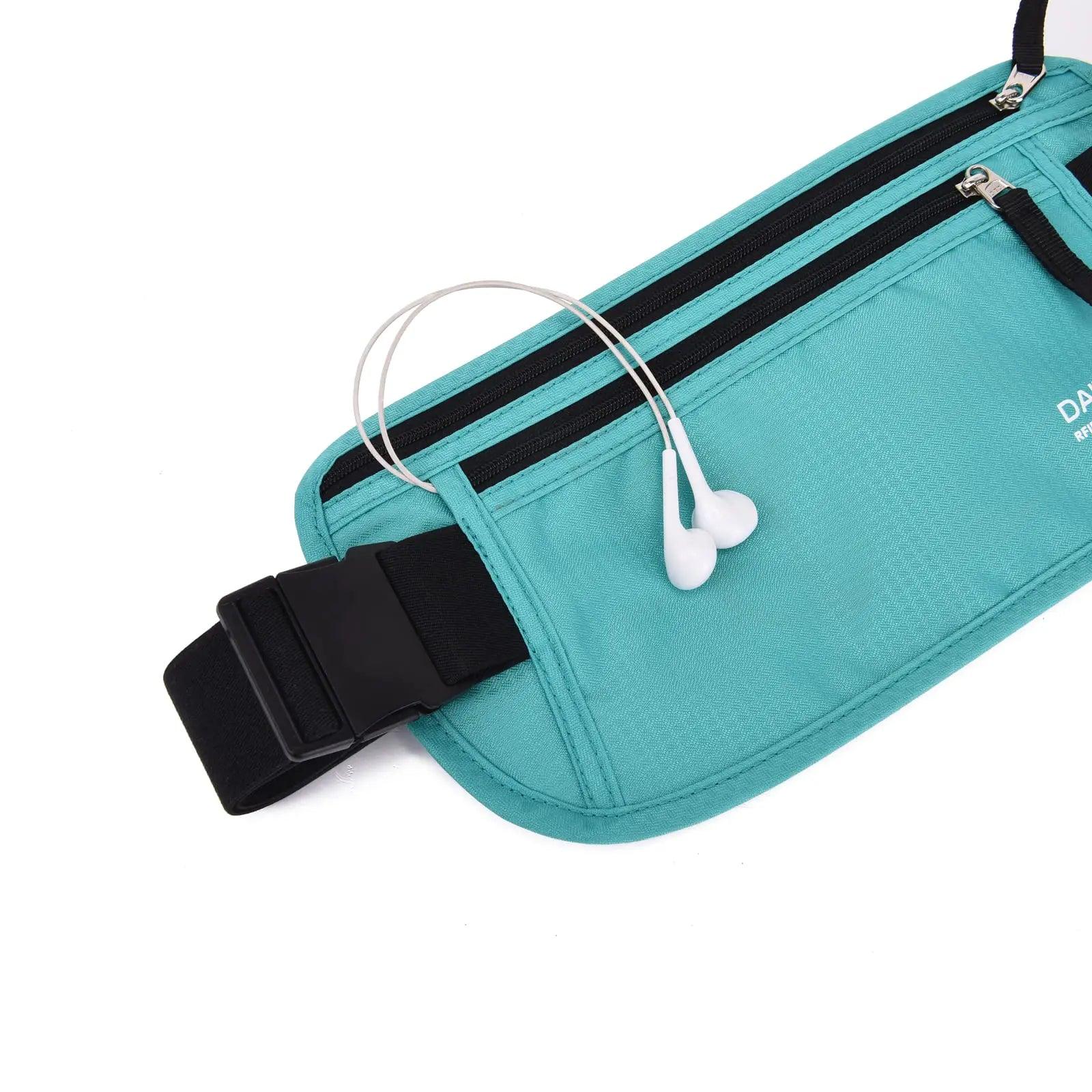 RFID Blocking Money Belt for Men Women, Slim Fanny Pack for Travel，Running,Conceal Waist Wallet for Passport Holder,Phone,Cash(Black Mint Green) Black Mint Green Rfid Blocking & Belt Wide:1.45Inch - Evallys.com # #