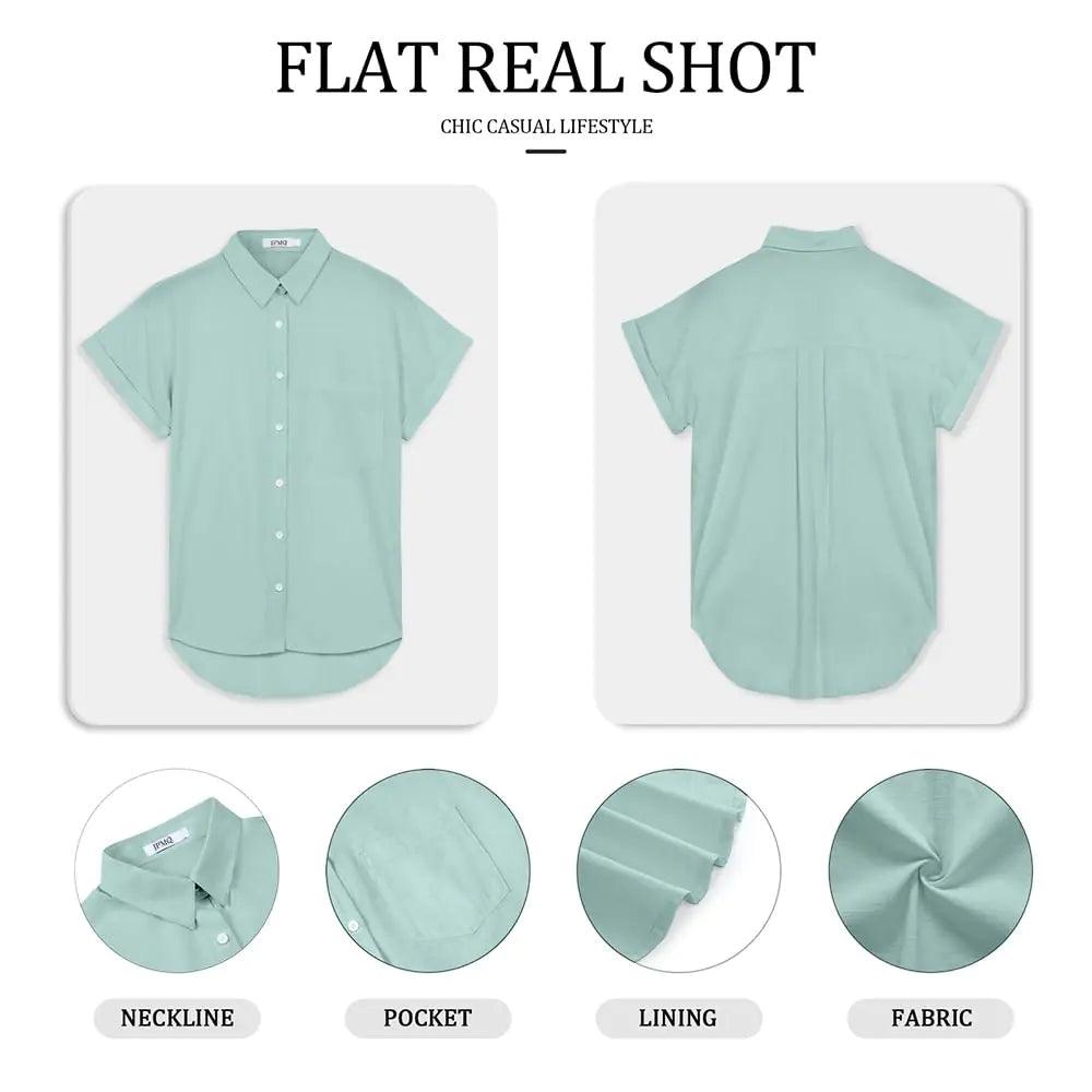 Womens Short Sleeve Casual Button Down Shirts Summer Soft Fashion Cotton Blouses Tops with Pocket Small Teal - Evallys.com # #