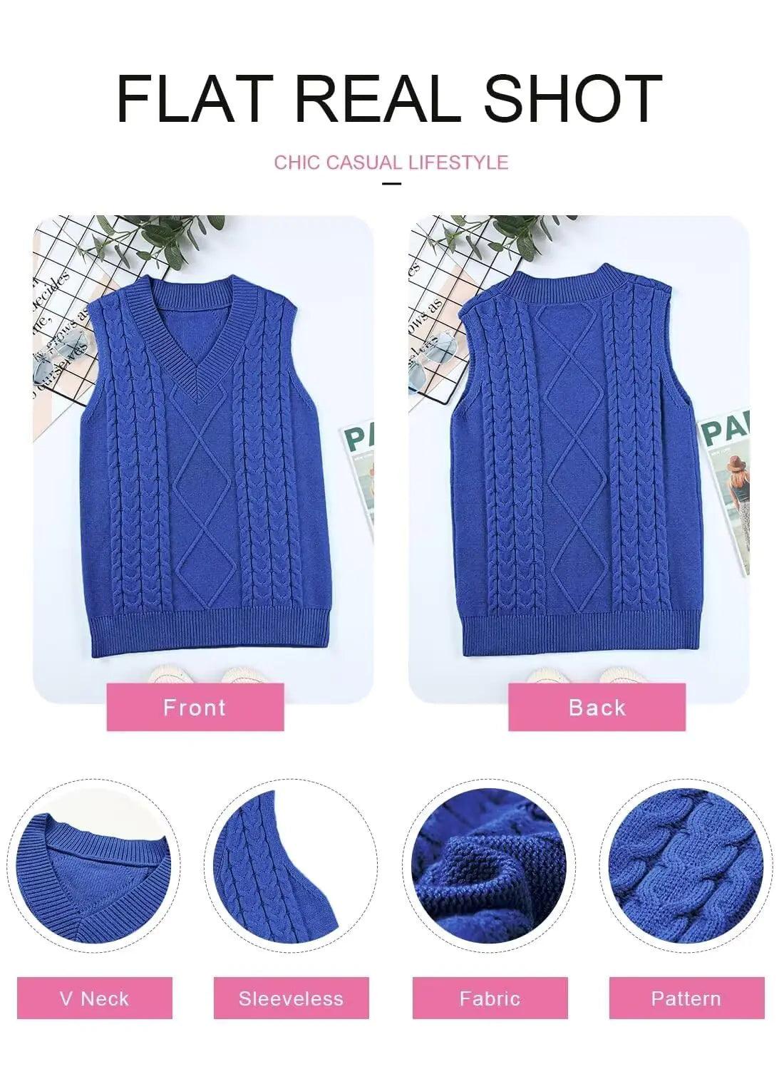 EVALESS Oversized Sweater Vest for Women V Neck Sleeveless Solid Color Loose Pullover Sweater Small C1 Blue - Evallys.com # #