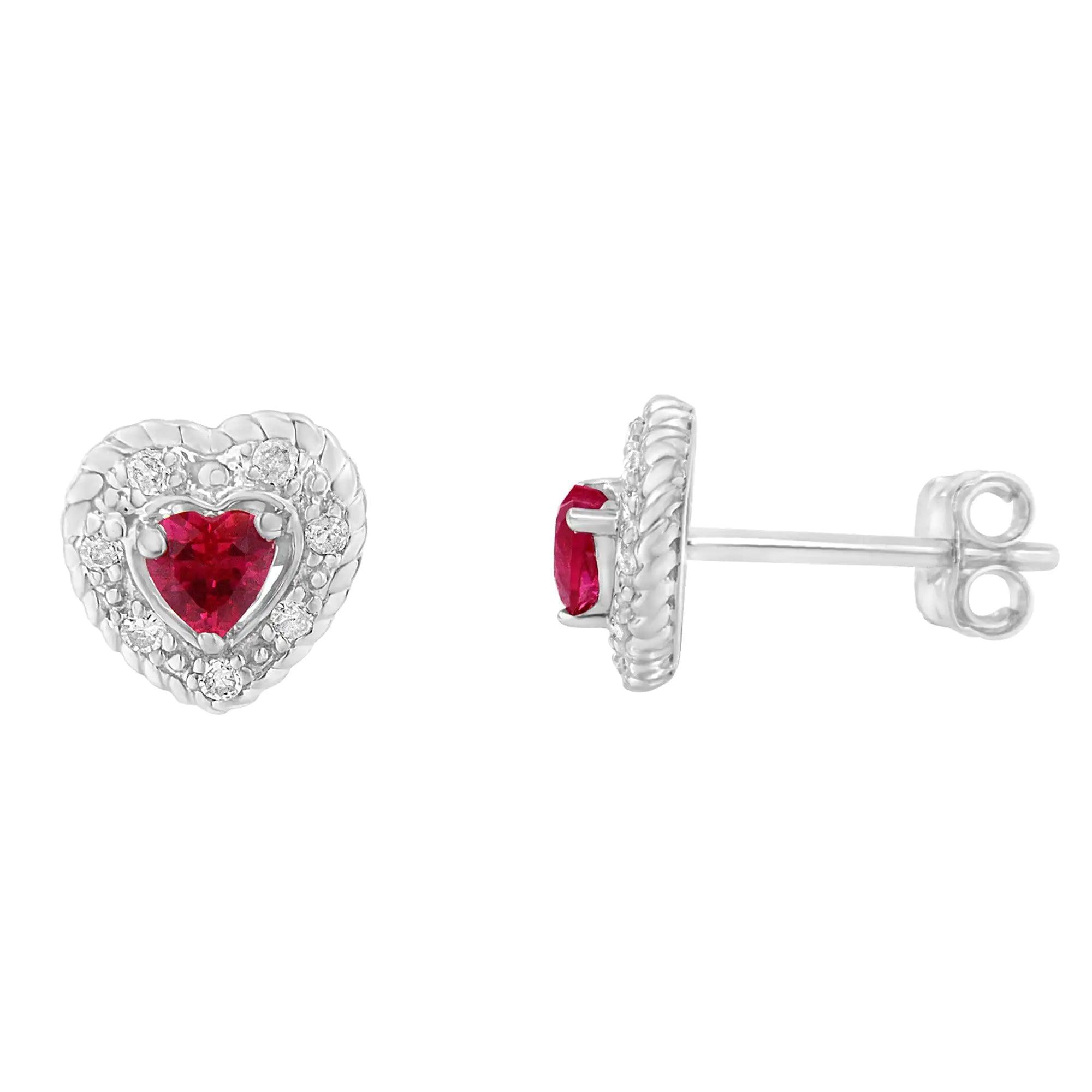 .925 Sterling Silver, ¾ Cttw Lab-Created Ruby, 1/4 Cttw Diamond Heart Ring, Earrings, and Pendant Necklace Set (I-J Color, I2-I3 Clarity) - Evallys.com # #