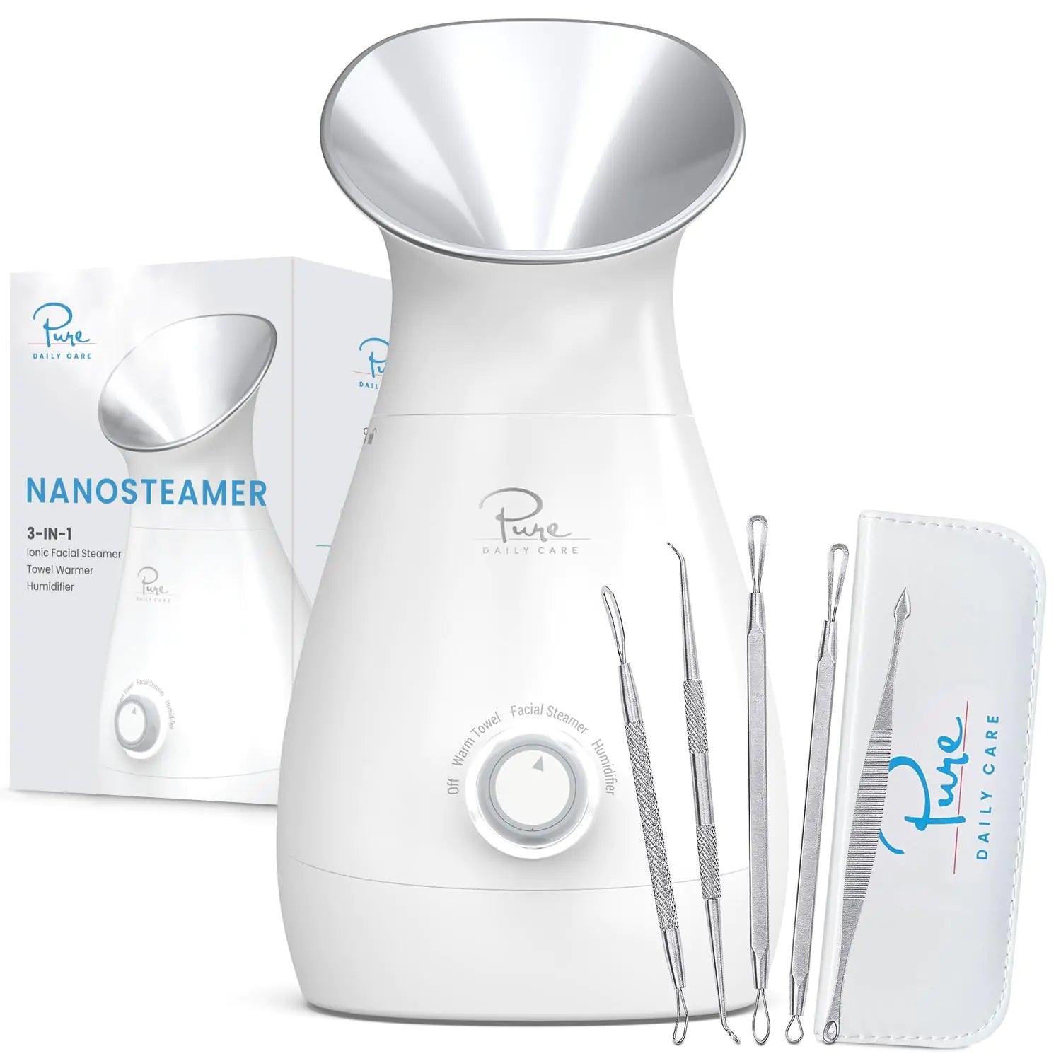 NanoSteamer Large 3-in-1 Nano Ionic Facial Steamer with Precise Temp Control - Humidifier - Unclogs Pores - Blackheads - Spa Quality - Bonus 5 Piece Stainless Steel Skin Kit (Silver) Silver - Evallys.com # #