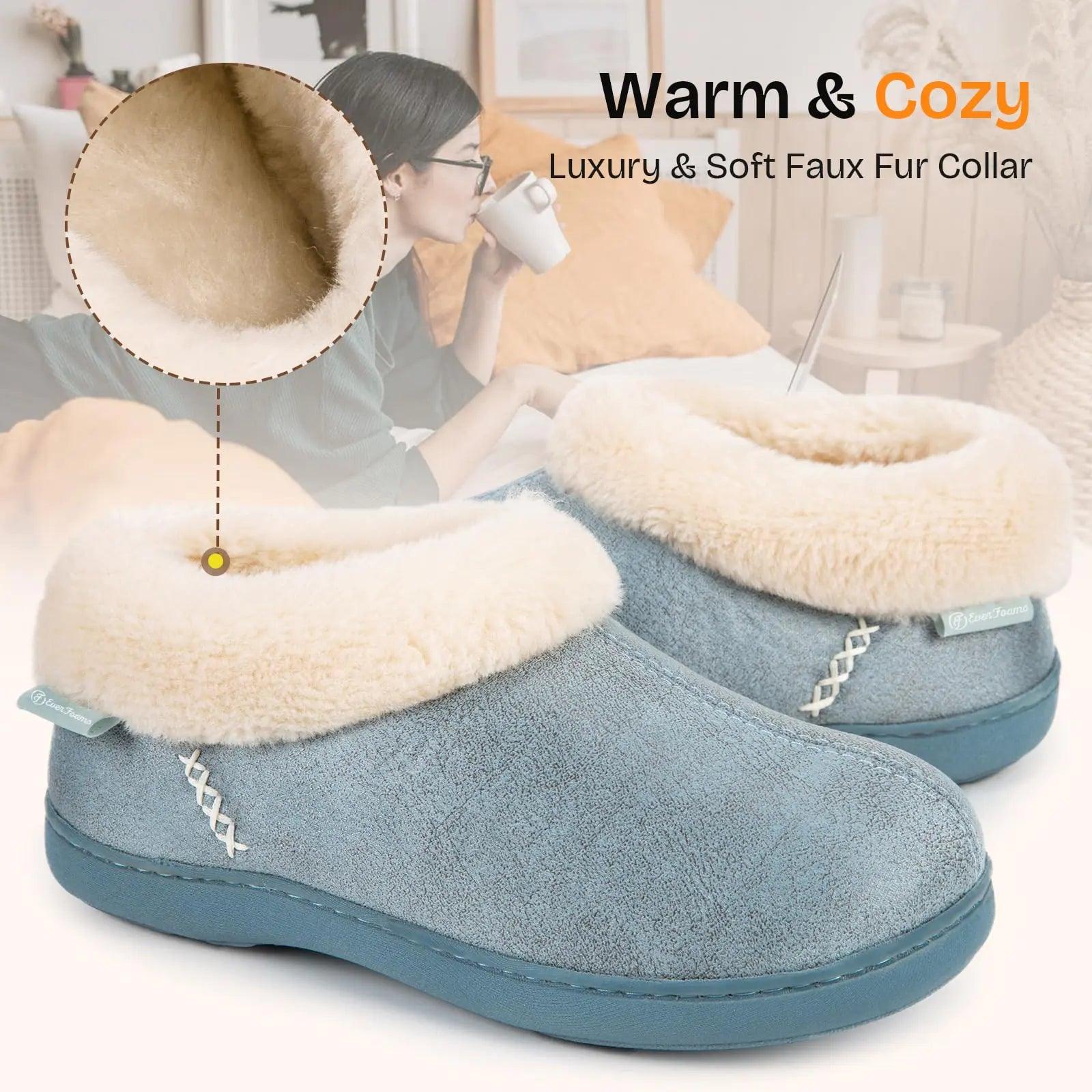 EverFoams Women's Micro Suede Cozy Memory Foam Winter Slippers with Fuzzy Faux Fur Collar and Indoor Outdoor Rubber Sole 11-12 Blue - Evallys.com # #