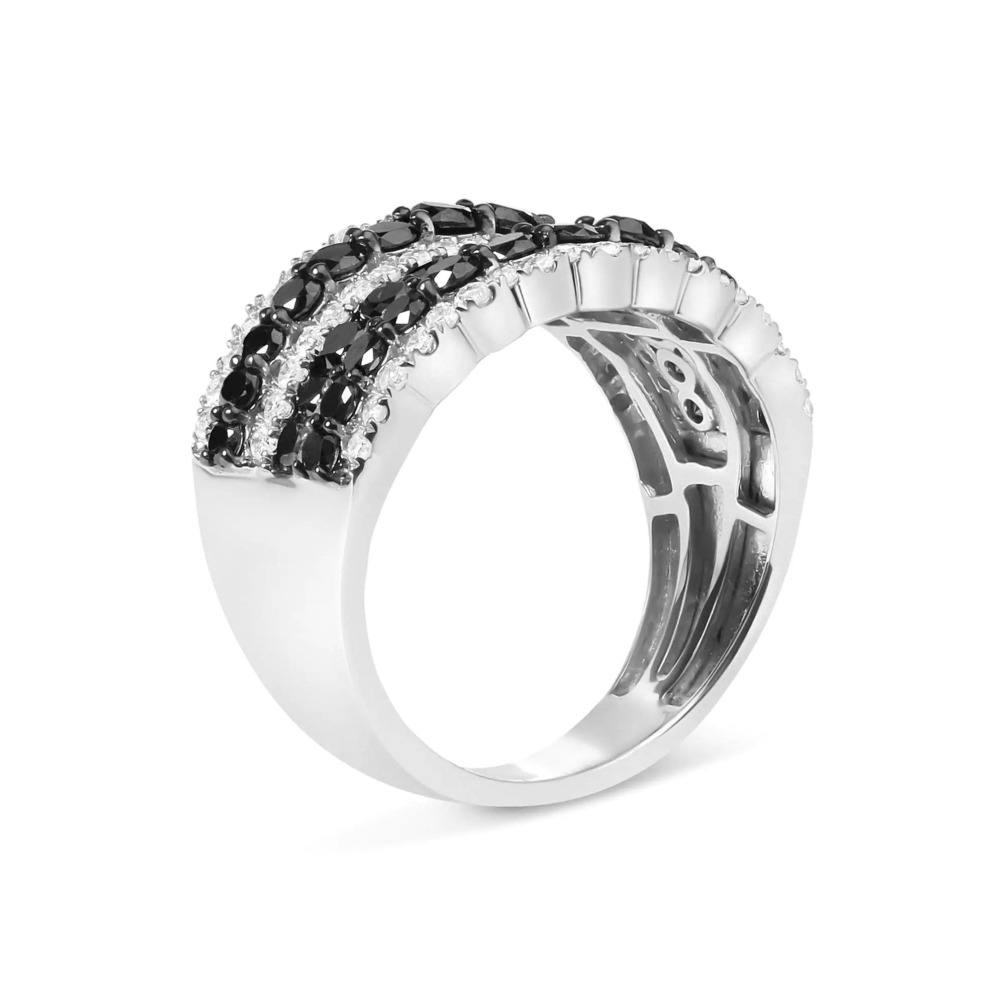 .925 Sterling Silver 1 3/4 Cttw Treated Black and White Alternating Diamond Multi Row Band Ring (Black / I-J Color, I2-I3 Clarity) - Evallys.com # #