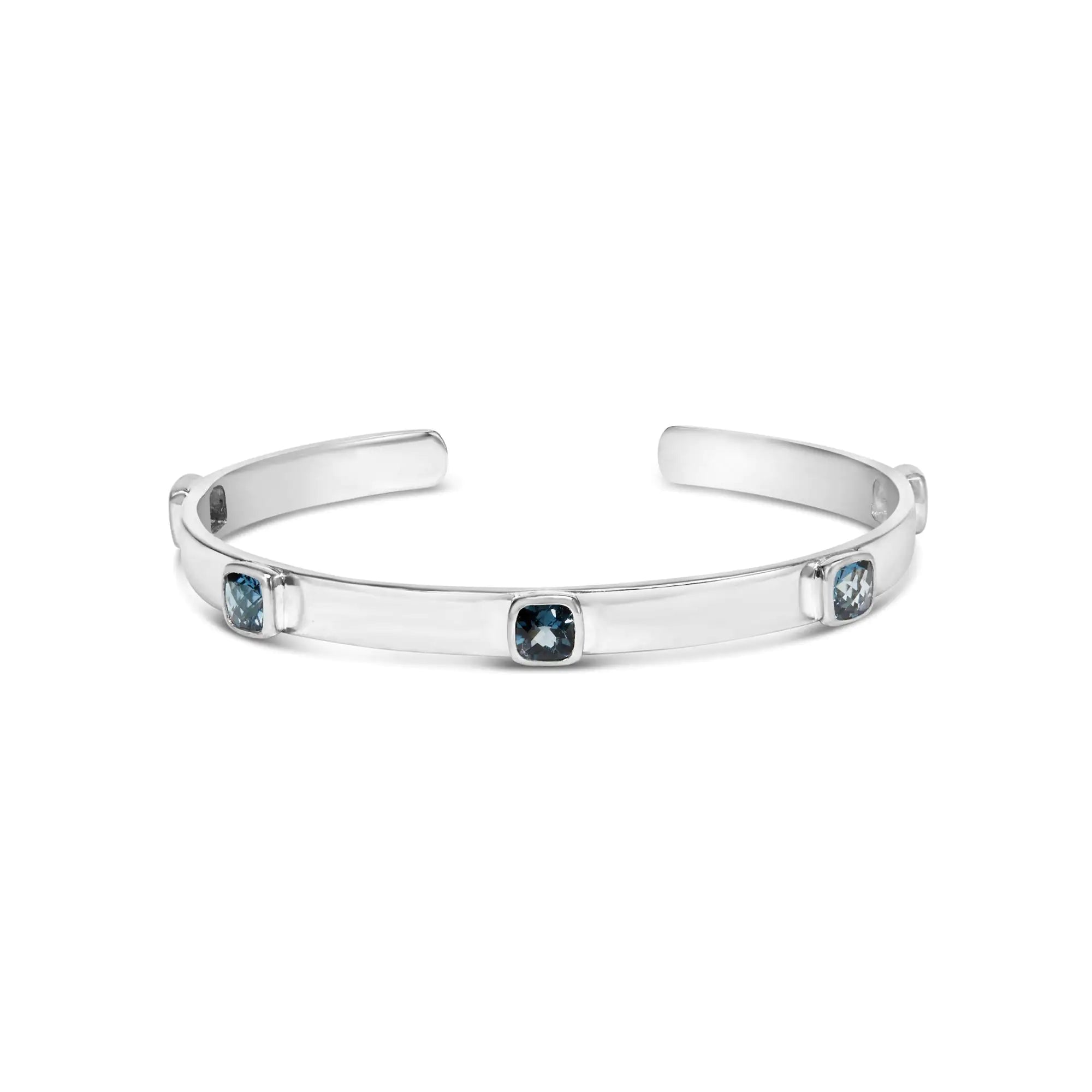 .925 Sterling Silver and Bezel Set 5mm Checkerboard Cushion Cut Blue Topaz Bangle - Fits wrists up to 8" Inches - Evallys.com # #