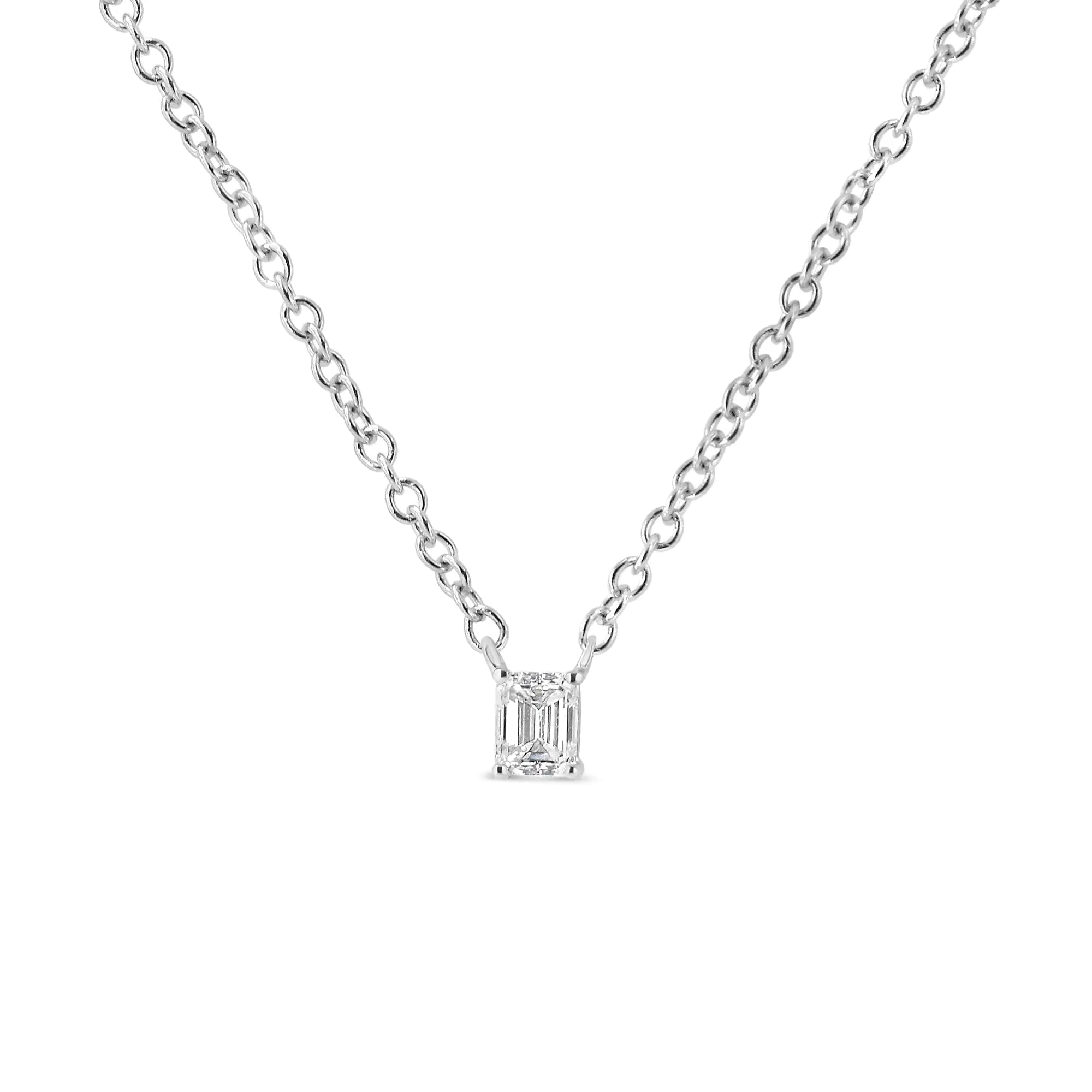 14K White Gold 1/5 Cttw Emerald Shape Solitaire Diamond 18" Pendant Necklace (G-H Color, VS2-SI1 Clarity) - Evallys.com # #