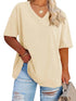 Women's Plus Size V Neck T Shirts Summer Half Sleeve Tees Casual Loose Fit Cotton Tunic Tops XX-Large Plus Khaki - Evallys.com # #