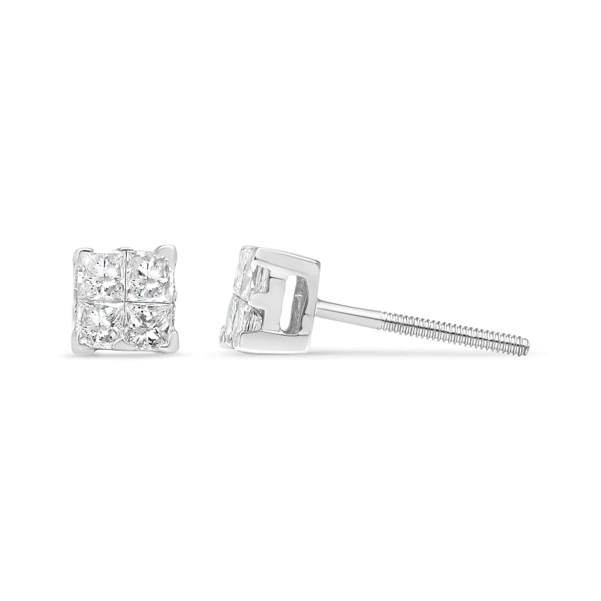 .925 Sterling Silver 5/8 Cttw Princess Cut Diamond Invisible Set Quad Composite Stud Earrings (I-J Color, I2-I3 Clarity) - Evallys.com # #