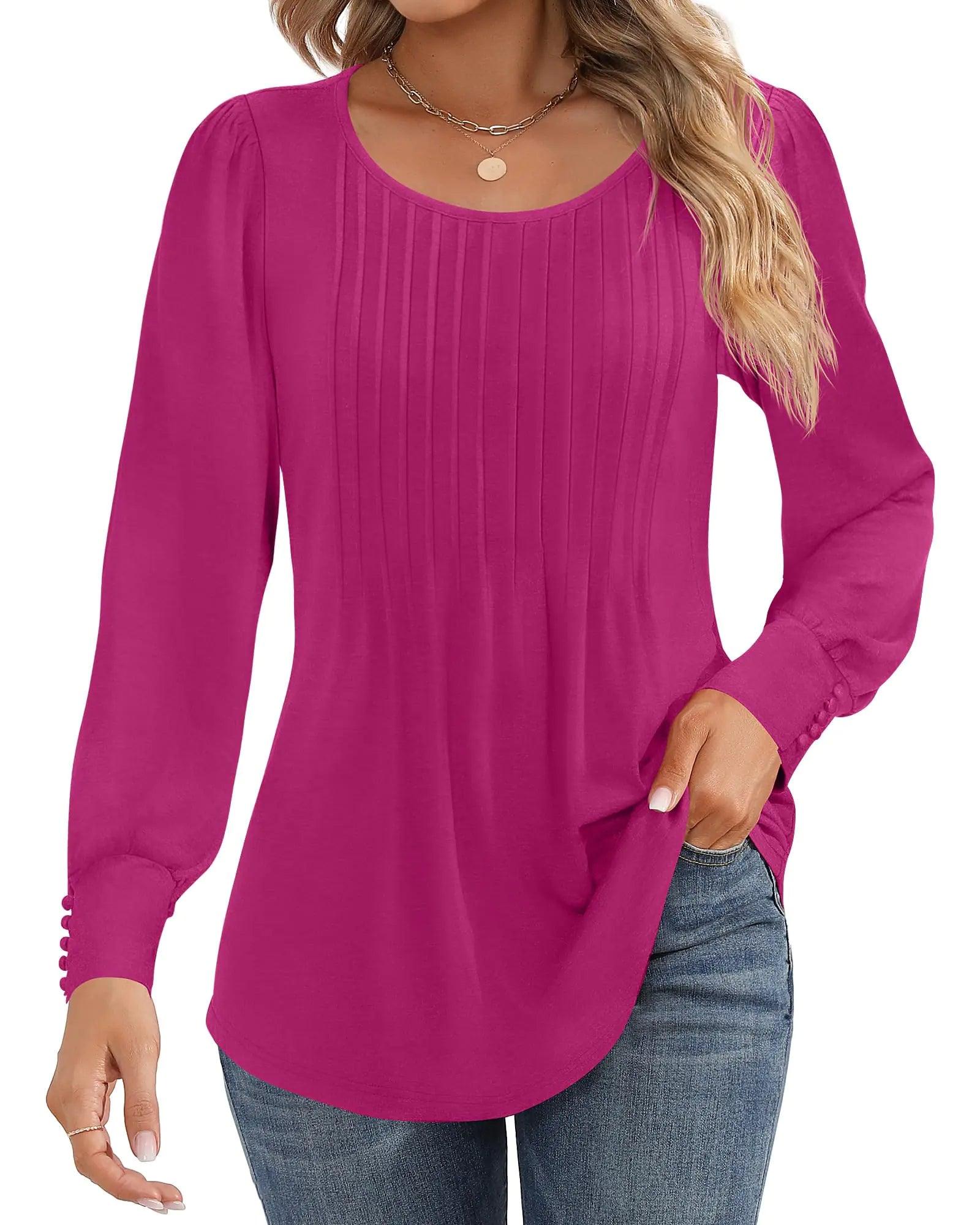 Ficerd Women's Puff Long Sleeve Tunic Tops Pleated Crew Neck Blouses Dressy Casual Loose Fit Fall and Winter Shirts Pink Floral Large - Evallys.com