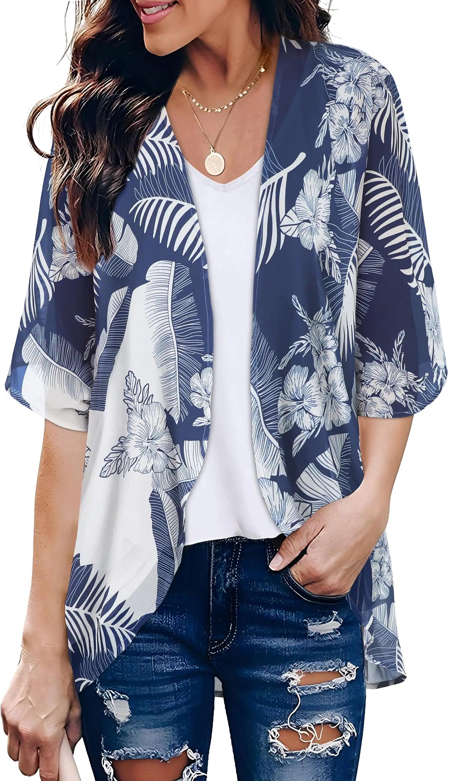 Women's Floral Print Puff Sleeve Kimono Cardigan Loose Cover Up Casual Blouse Tops Small Orange Black - Evallys.com