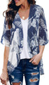 Women's Floral Print Puff Sleeve Kimono Cardigan Loose Cover Up Casual Blouse Tops Small Orange Black - Evallys.com