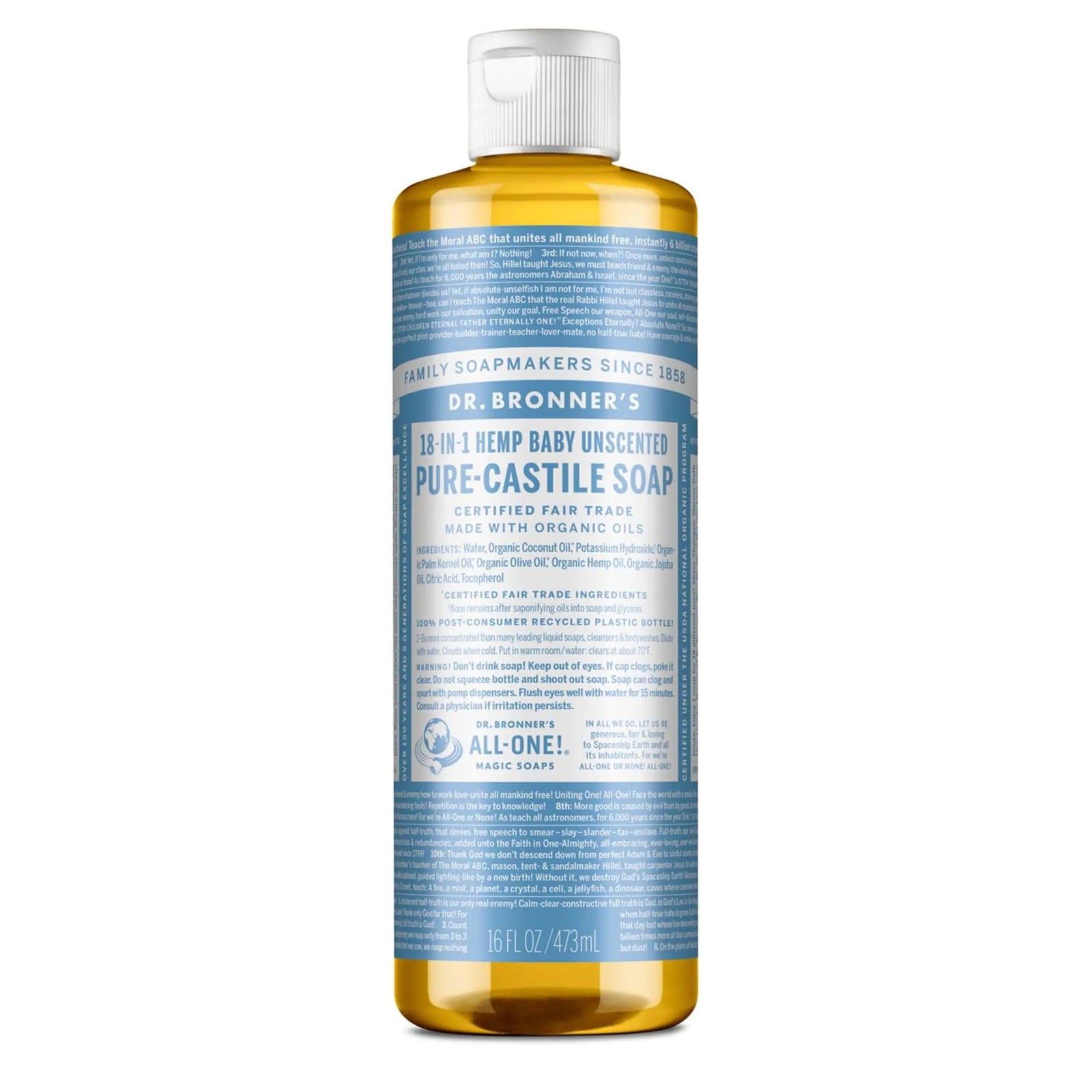 Dr. Bronner’s - Pure-Castile Liquid Soap (Baby Unscented, 16 Ounce) - Made with Organic Oils, 18-in-1 Uses: Face, Hair, Laundry & Dishes For Sensitive Skin & Babies, No Added Fragrance, Vegan, Non-GMO 16 Fl Oz (Pack of 1) - Evallys.com # #