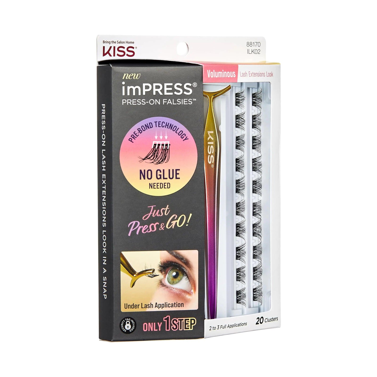 KISS imPRESS Falsies False Eyelashes, Lash Clusters, 'Voluminous', 14 mm, Includes 20 Clusters, 1 applicator, Contact Lens Friendly, Easy to Apply, Reusable Strip Lashes 21 Piece Set - Evallys.com # #