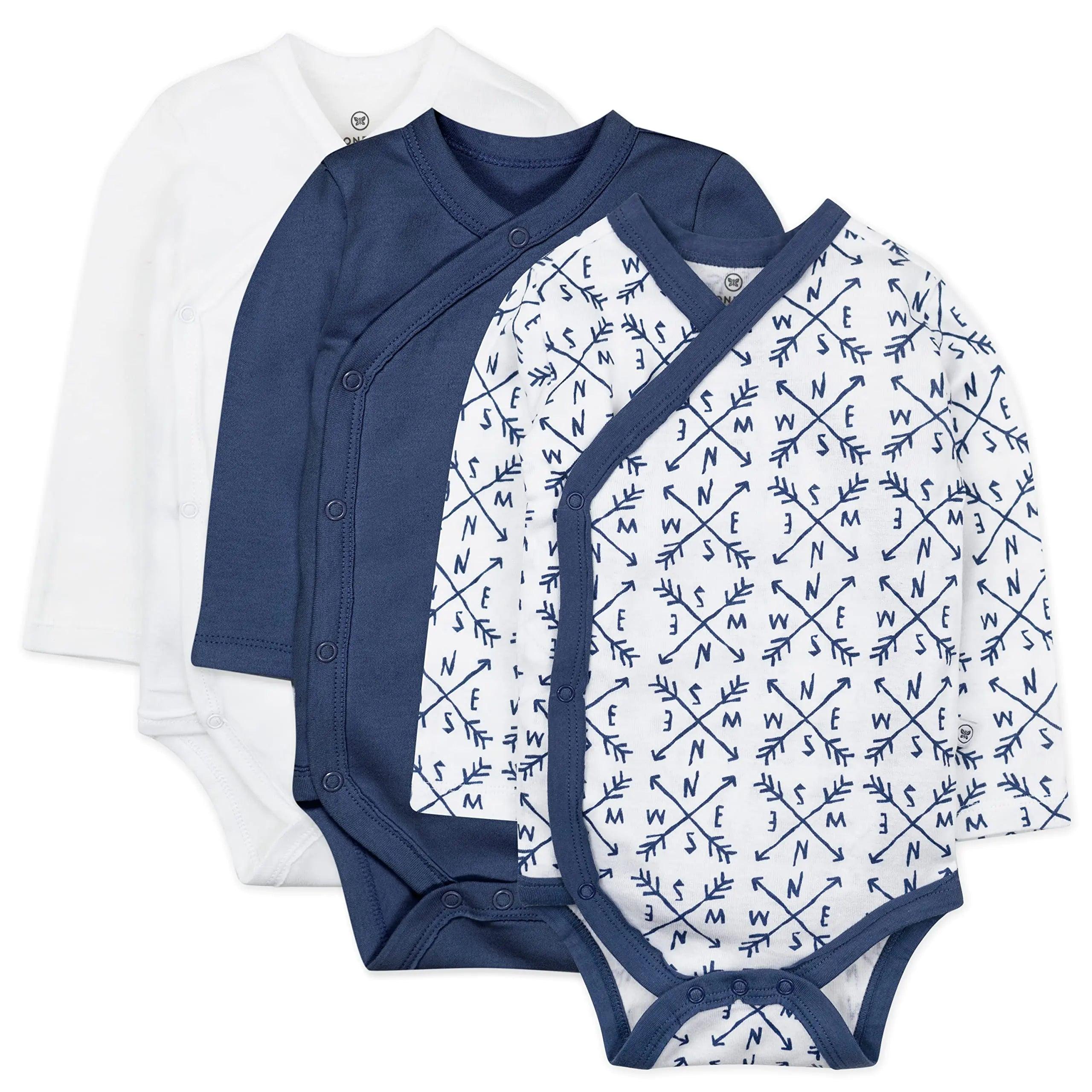 HonestBaby unisex-baby 3-pack Long Sleeve Side-snap Kimono Bodysuits Organic Cotton for Infant Baby Boys, Girls, Unisex 3-6 Months Compass Blue - Evallys.com # #