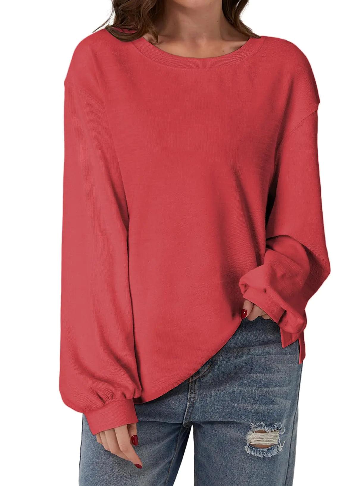 SHEWIN Women's Casual Long Sleeve Shirts Cute Crewneck Basic Loose Fit Tunic Tops X-Large Racing Red - Evallys.com # #