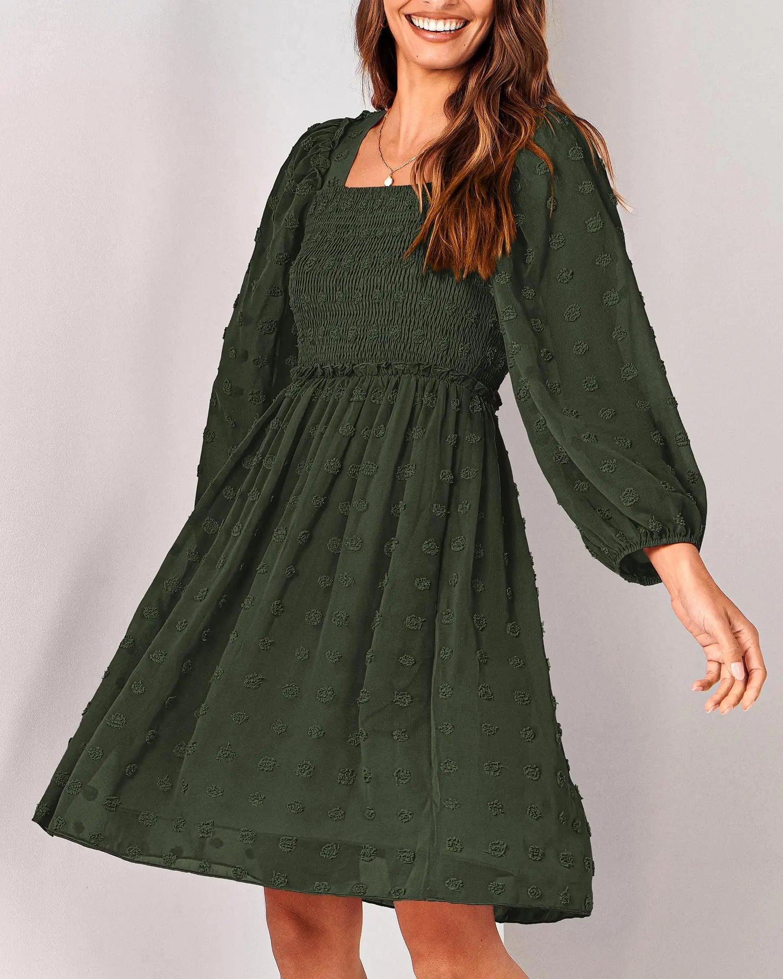 BTFBM Women Square Neck Smocked Dresses 2024 Summer Fall Long Sleeve Floral Swiss Dot Ruffle Party Mini Boho Dress Swiss Dot Army Green Small - Evallys.com # #