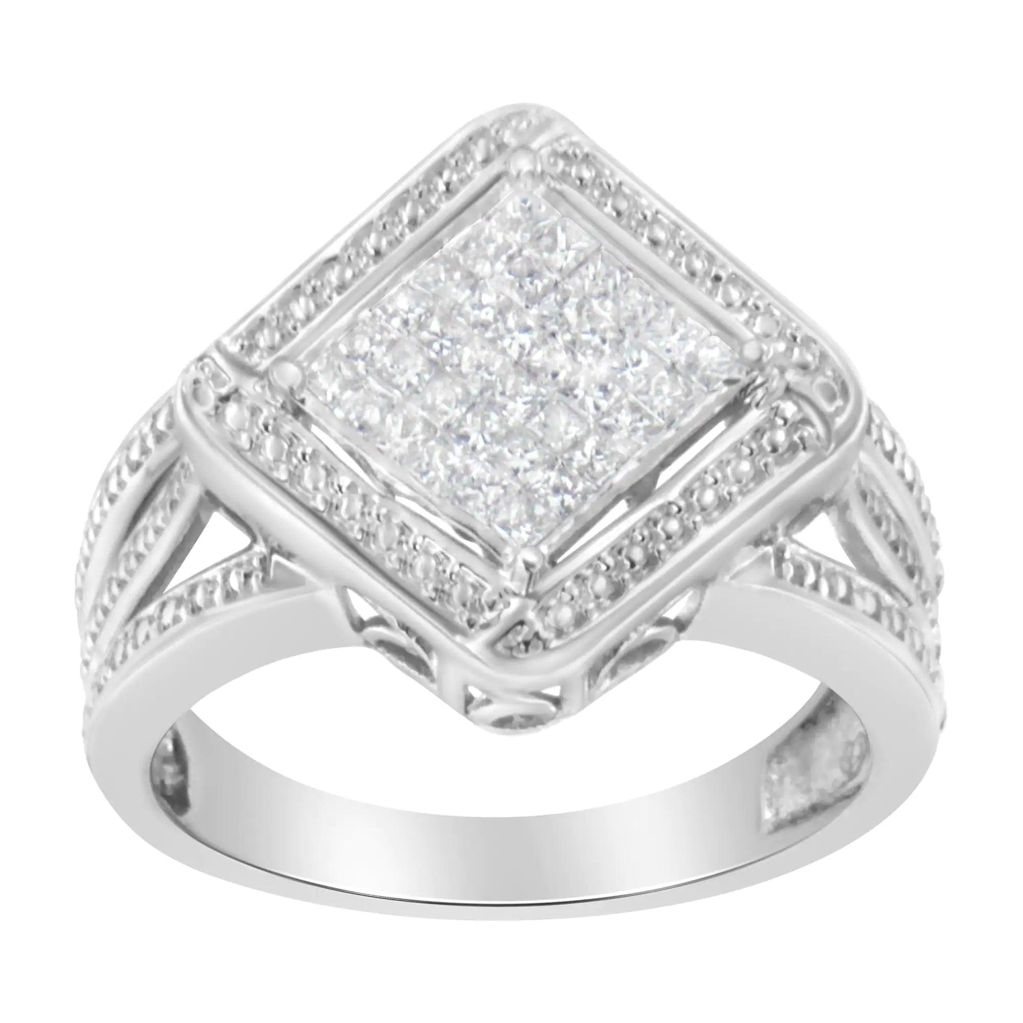 .925 Sterling Silver 2/5 Cttw Princess Cut Diamond Square On Point Cluster Composite Cocktail Ring (H-I Color, SI1-SI2 Clarity) - Evallys.com # #