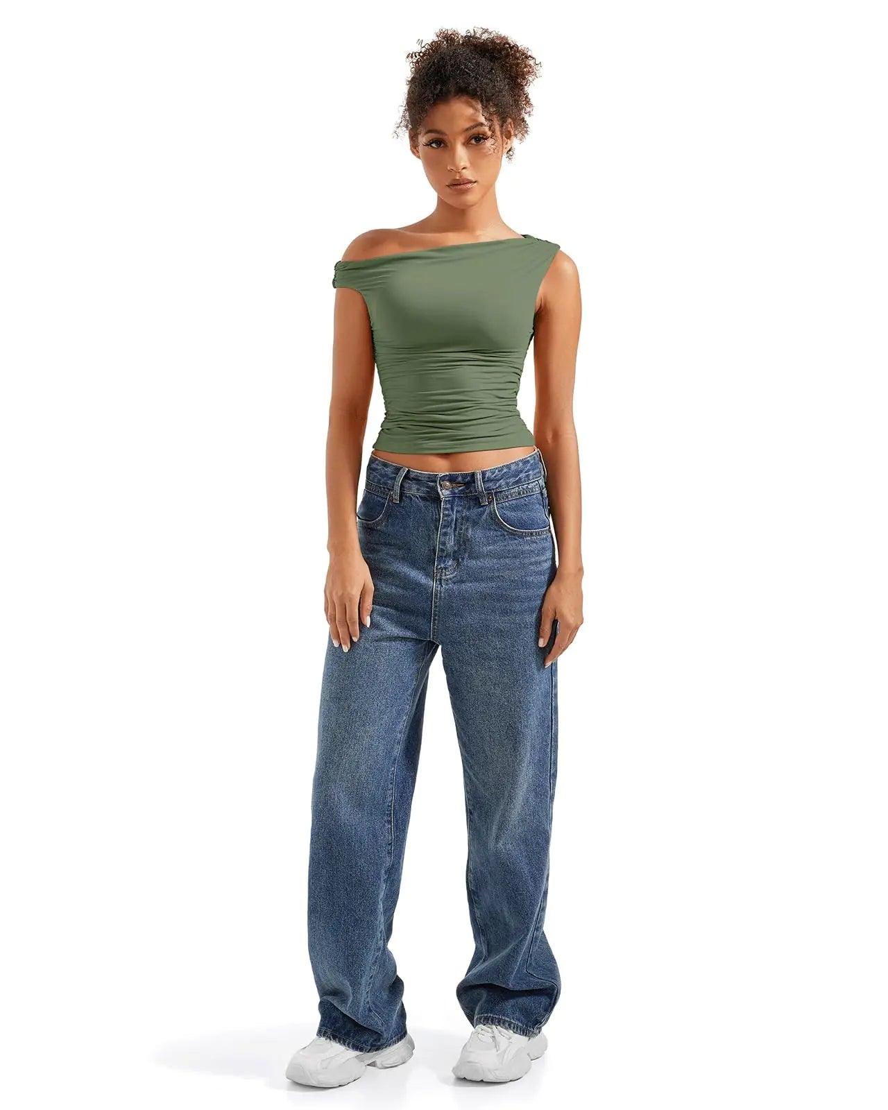SUUKSESS Women Off Shoulder Tops Sleeveless Shirts Y2K Going Out Crop Tank Top Large Army Green - Evallys.com # #
