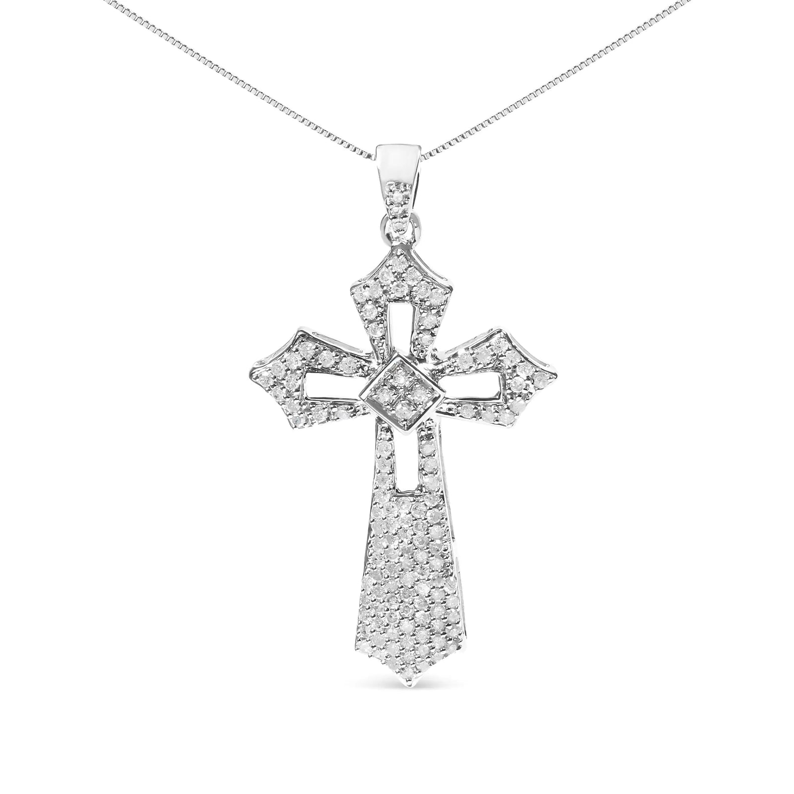 .925 Sterling Silver 1.00 Cttw Diamond Fleur De Lis Cross 18