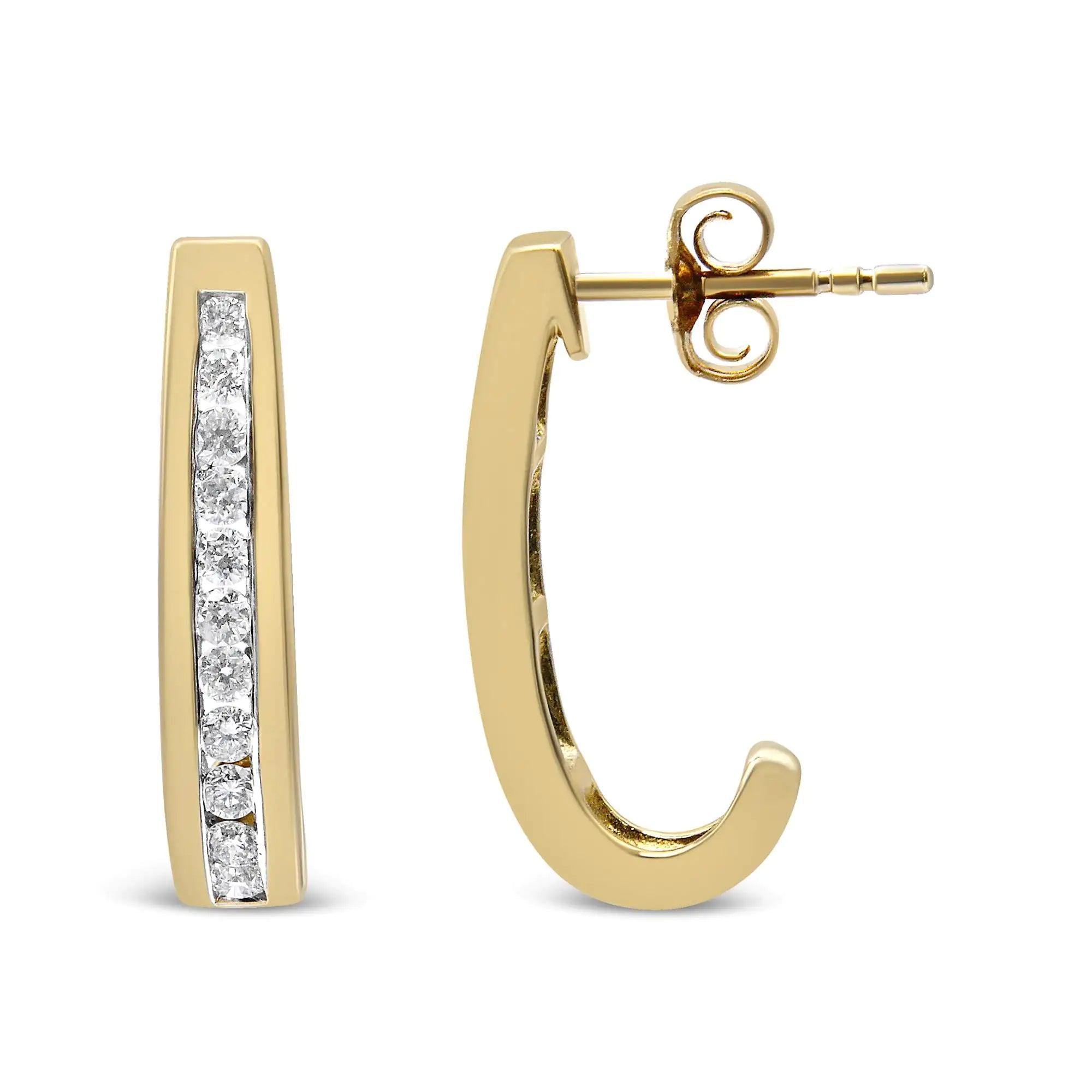 10K Yellow Gold 1/2 Cttw Channel Set Lab Grown Round Diamond J-Hoop Earrings (G-H Color, I1-I2 Clarity) - Evallys.com # #