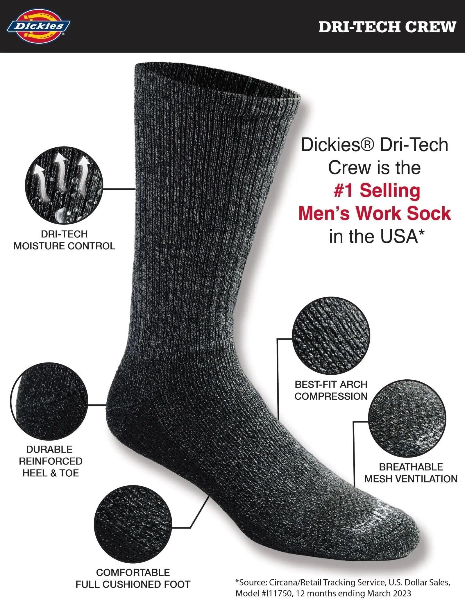 Dickies Men's Dri-Tech Essential Moisture Control Crew Socks Multipack Large Heathered Grey (6 Pairs) - Evallys.com # #