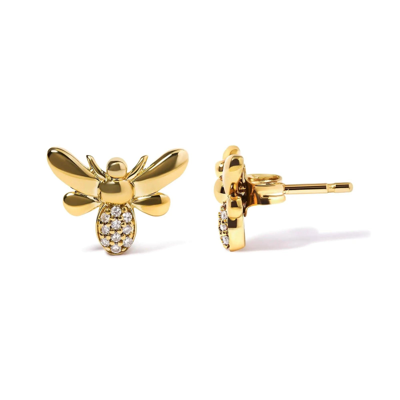 10K Yellow Gold Diamond Accented Bumble Bee Stud Earring (H-I Color, I1-I2 Clarity) - Evallys.com # #