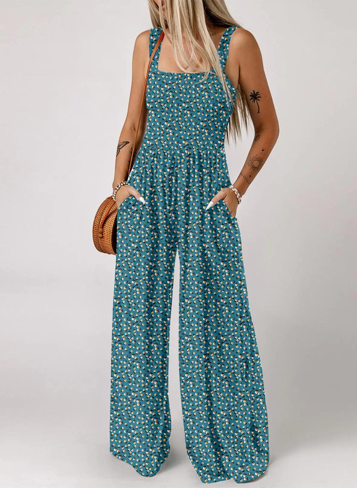 Dokotoo Women's Casual Loose Overalls Jumpsuits One Piece Sleeveless Printed Wide Leg Long Pant Rompers With Pockets XX-Large Green 2 - Evallys.com # #