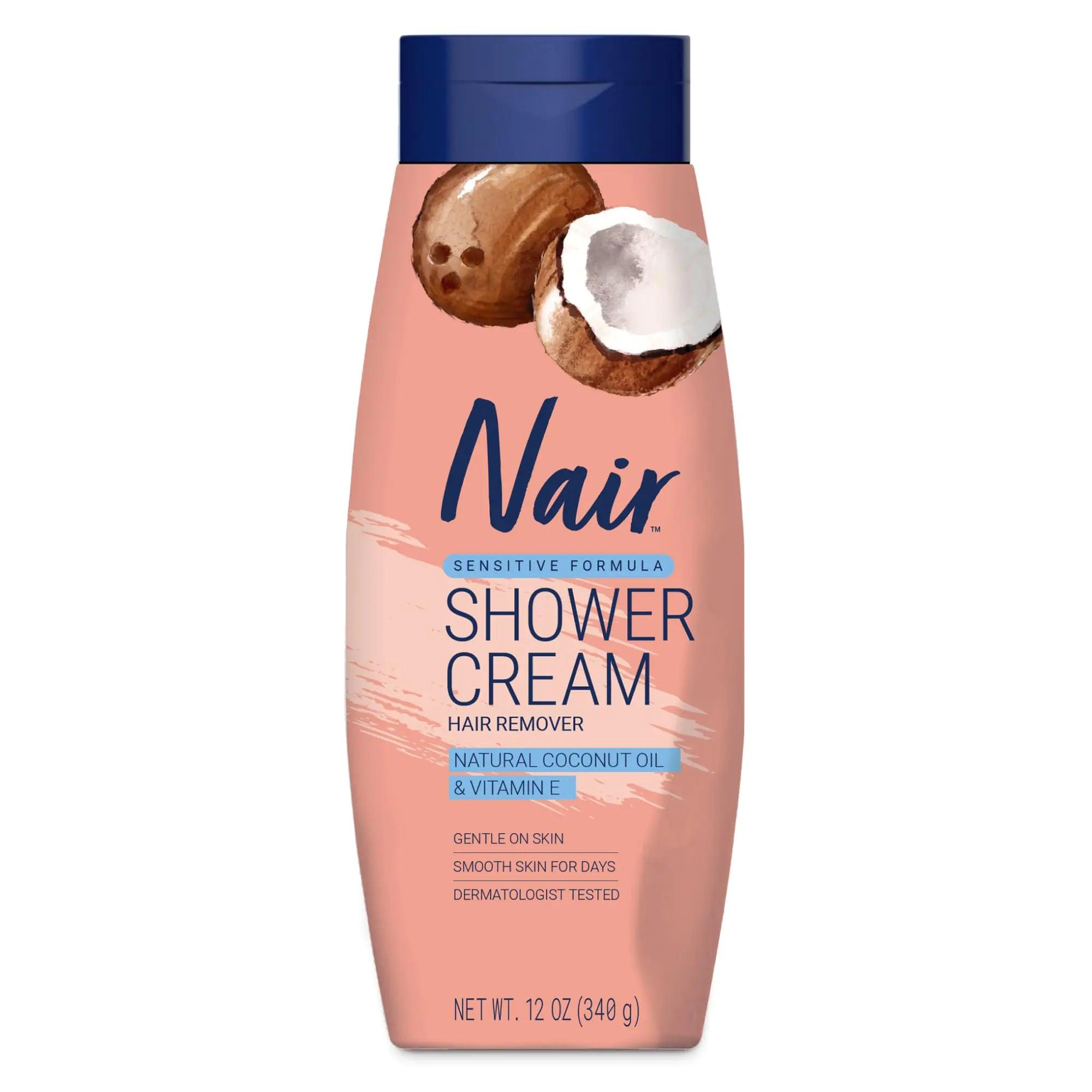 NAIR Sensitive Shower Cream Hair Remover with Natural Coconut Oil and Vitamin E, Body Hair Removal Cream for Women, 12 oz - Evallys.com # #