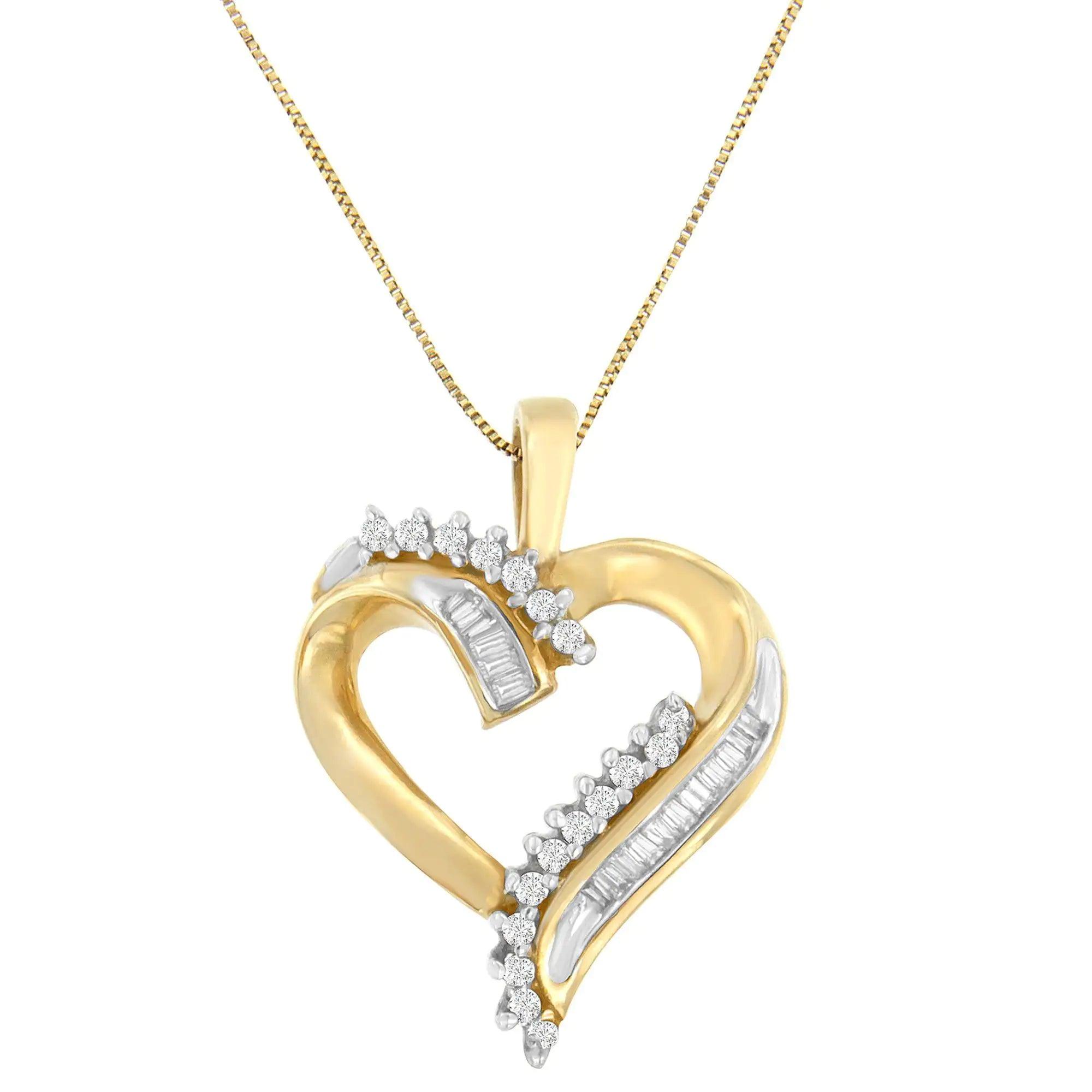 10K Yellow Gold Round and Baguette Diamond Love Forever Heart Pendant Necklace (1/4 cttw, H-I Color, SI1-SI2 Clarity) - Evallys.com # #