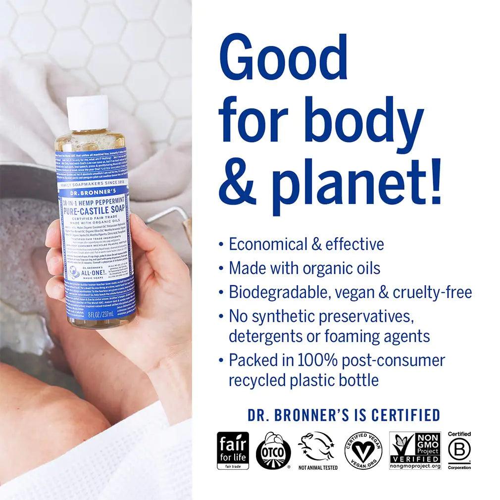 Dr. Bronner's - Pure-Castile Liquid Soap (Peppermint, 8 ounce) - Made with Organic Oils, 18-in-1 Uses: Face, Body, Hair, Laundry, Pets and Dishes, Concentrated, Vegan, Non-GMO - Evallys.com # #