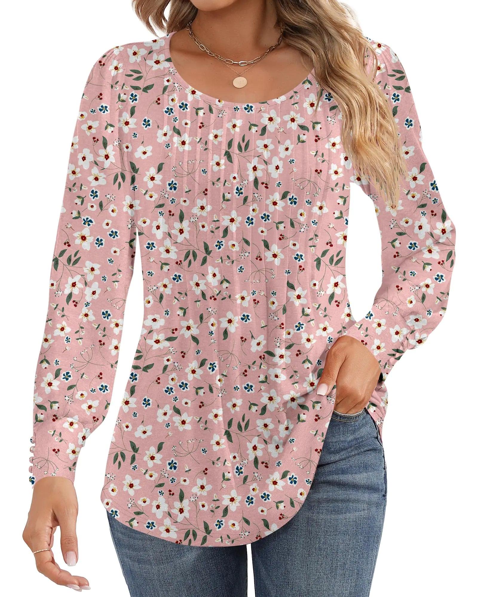 Ficerd Women's Puff Long Sleeve Tunic Tops Pleated Crew Neck Blouses Dressy Casual Loose Fit Fall and Winter Shirts Pink Floral Large - Evallys.com