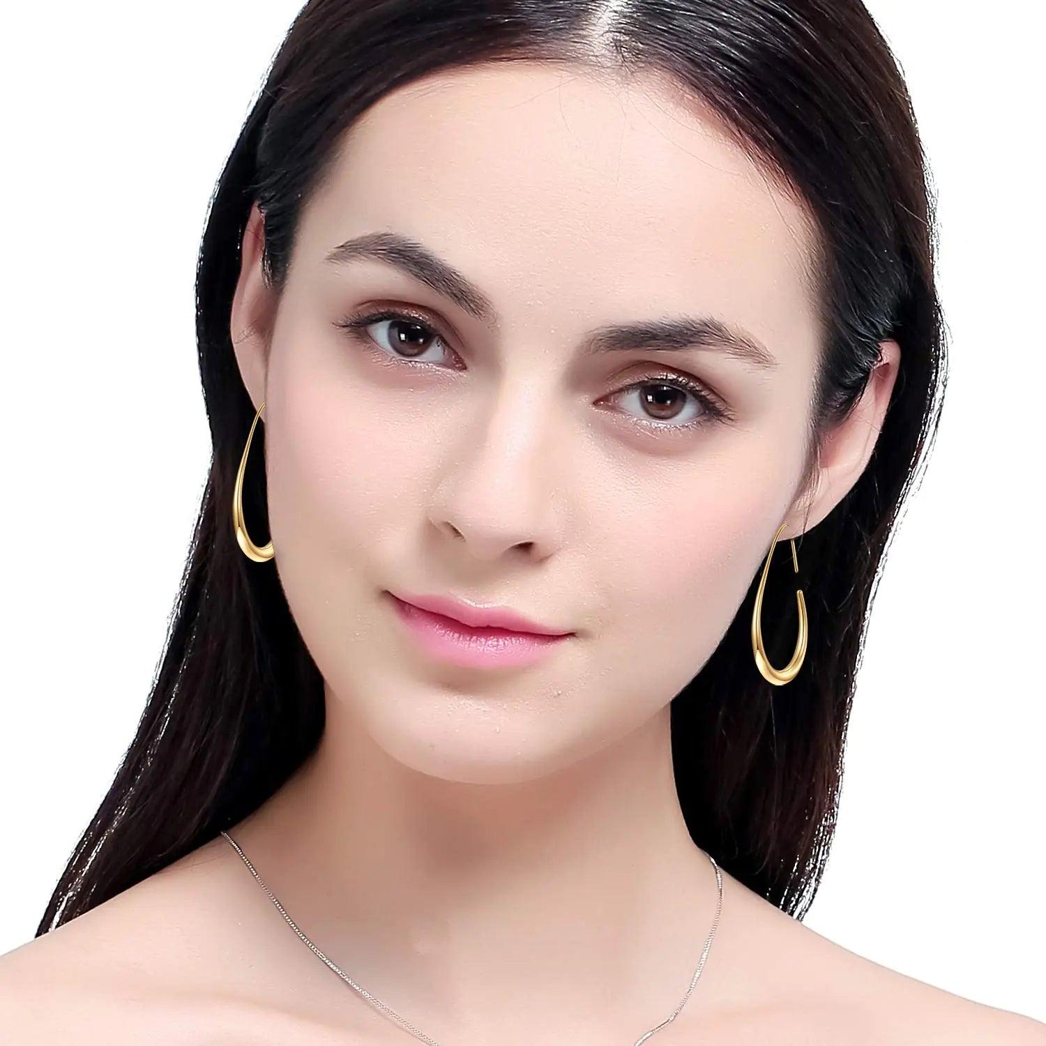 Lightweight Teardrop Hoop Earrings for Women - 14k Gold/White Gold Plated Large Oval Pull Through Hoop Earrings High Polished Statement Jewelry Gift for Women - Evallys.com # #