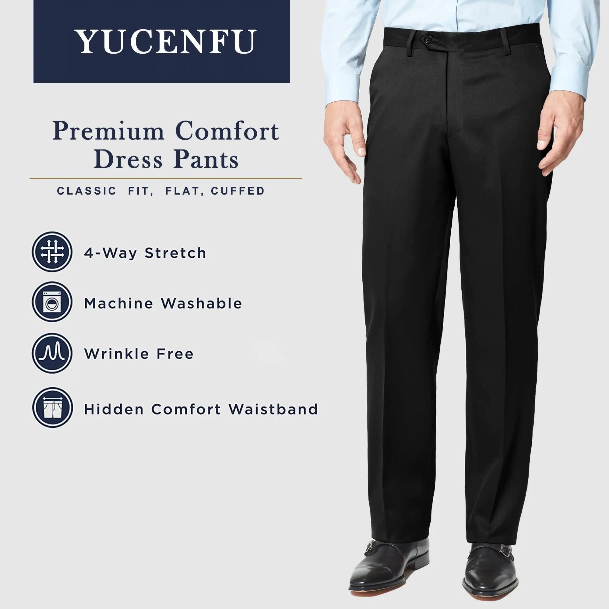 Men's Cozy Hidden Expandable Waist Dress Pants | Premium Stretch Texture Weave Work to Weekend Pant 44W x 34L Black - Evallys.com # #