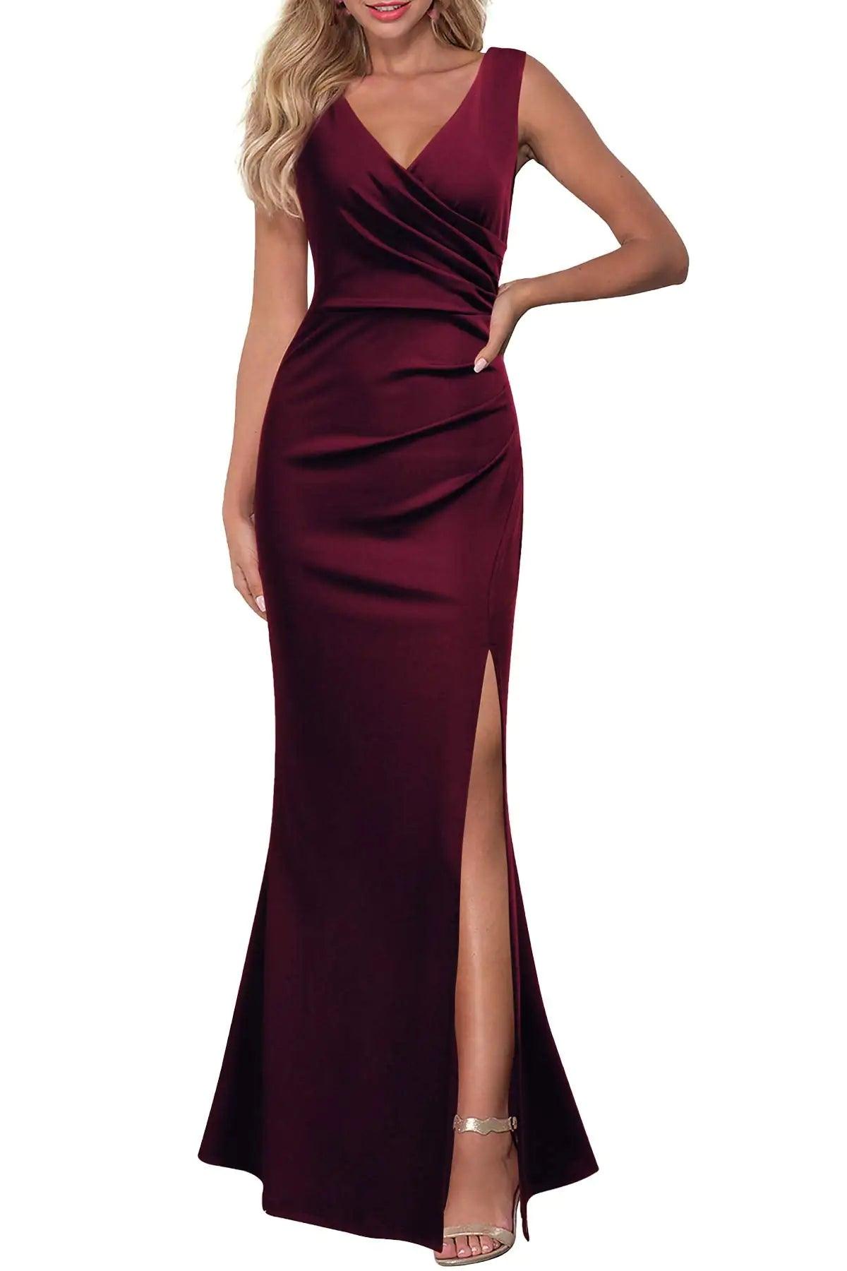 WOOSEA Women Sleeveless V Neck Split Evening Cocktail Long Dress Small Burgundy - Evallys.com # #