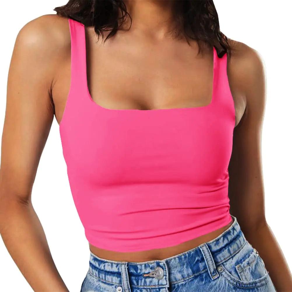 Artfish Women's Sleeveless Strappy Tank Square Neck Double Layer Workout Fitness Casual Basic Crop Tops X-Small Fluo Red - Evallys.com # #