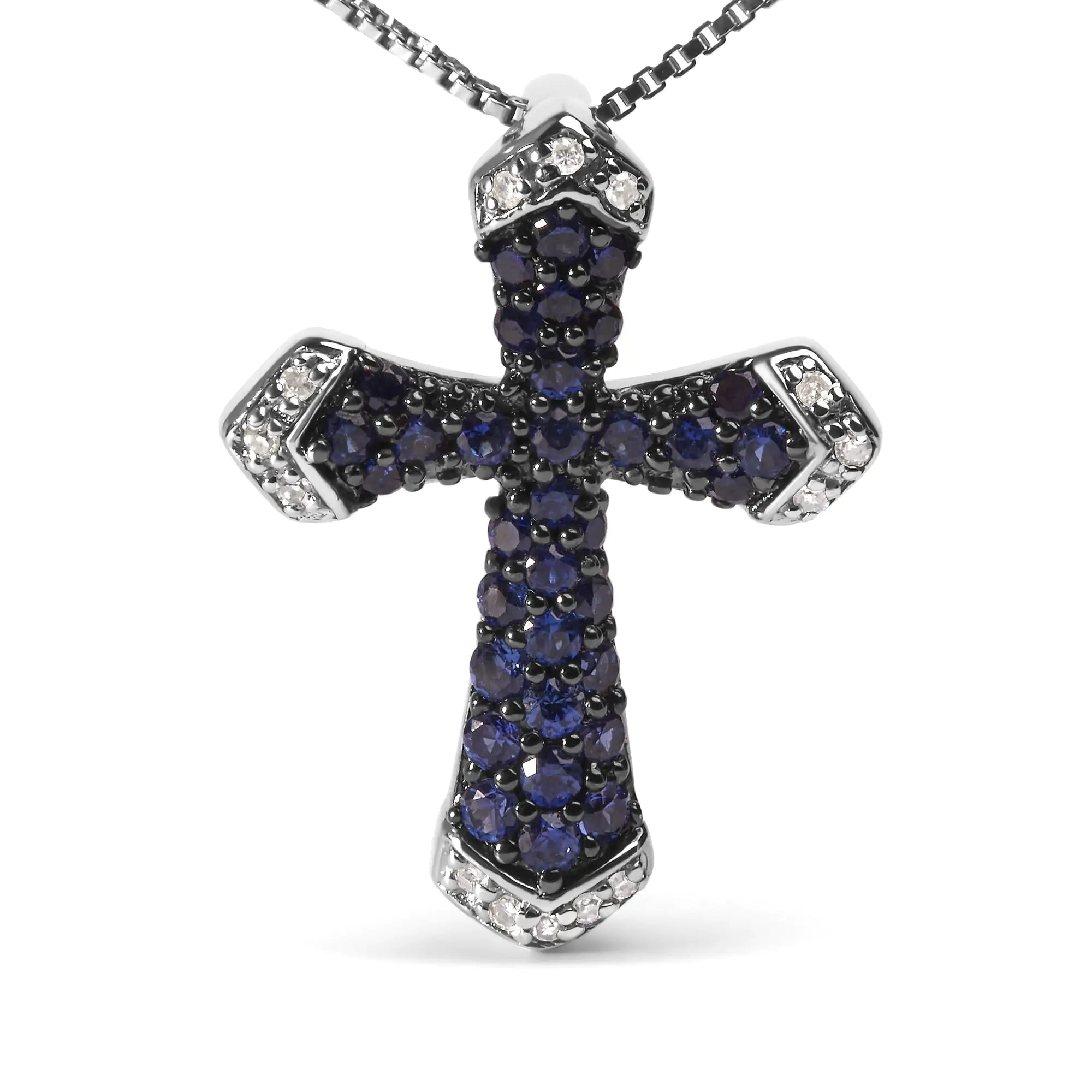 .925 Sterling Silver 3/4 Cttw Created Blue Sapphire and White Diamond Accent Cross Pendant Necklace - 18" Inches - Evallys.com # #