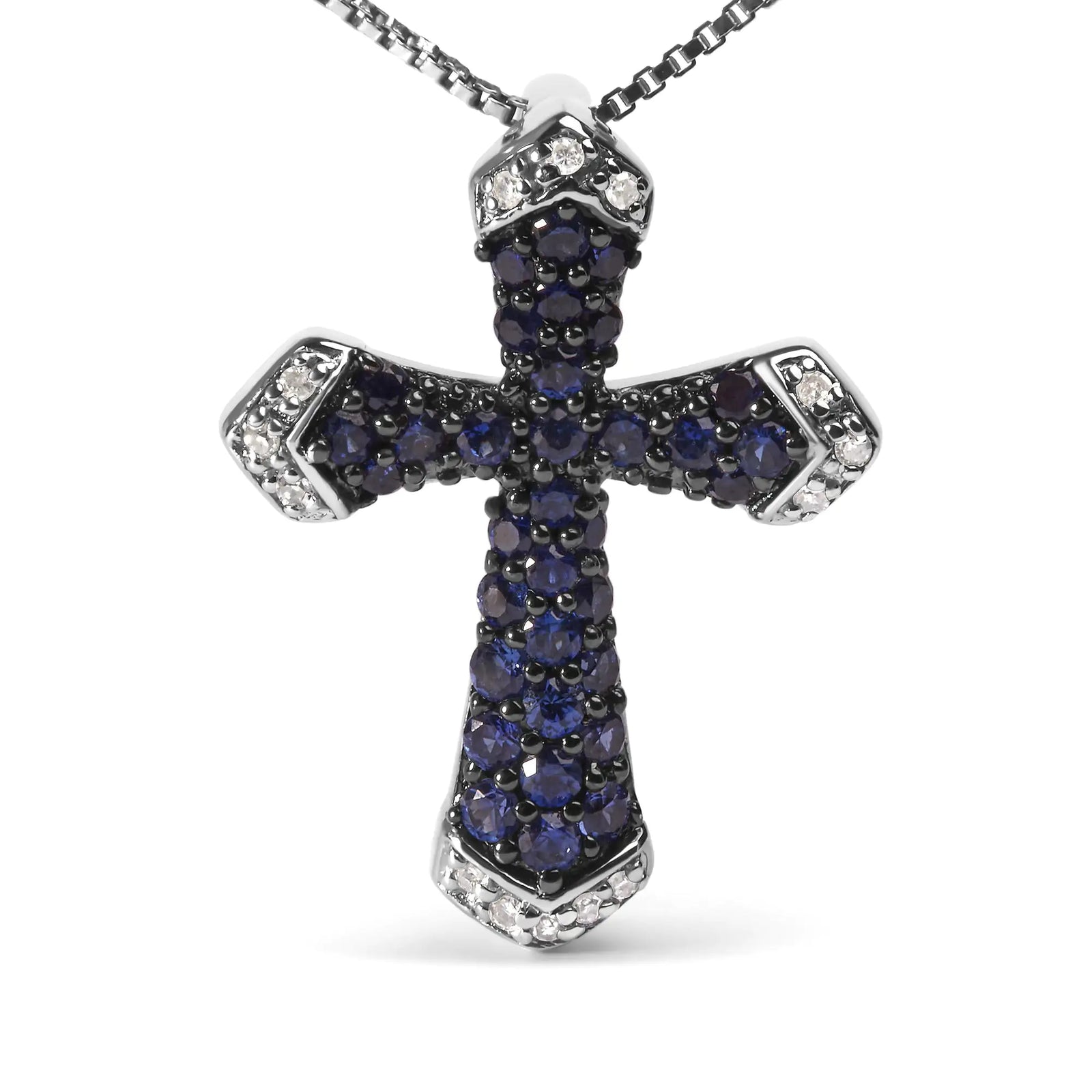 .925 Sterling Silver 3/4 Cttw Created Blue Sapphire and White Diamond Accent Cross Pendant Necklace - 18