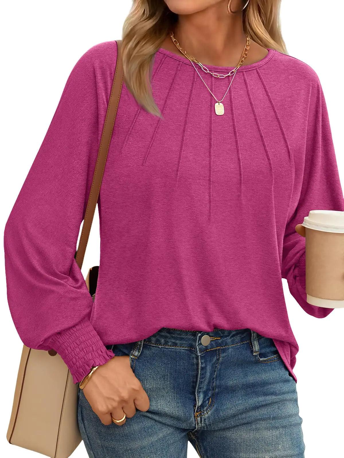 AUTOMET Womens Fall Fashion Long Sleeve Shirts Fall Tops Pleated Shirts Casual Loose Dressy Basic Trendy Clothes 2024 Hot Pink Large - Evallys.com # #