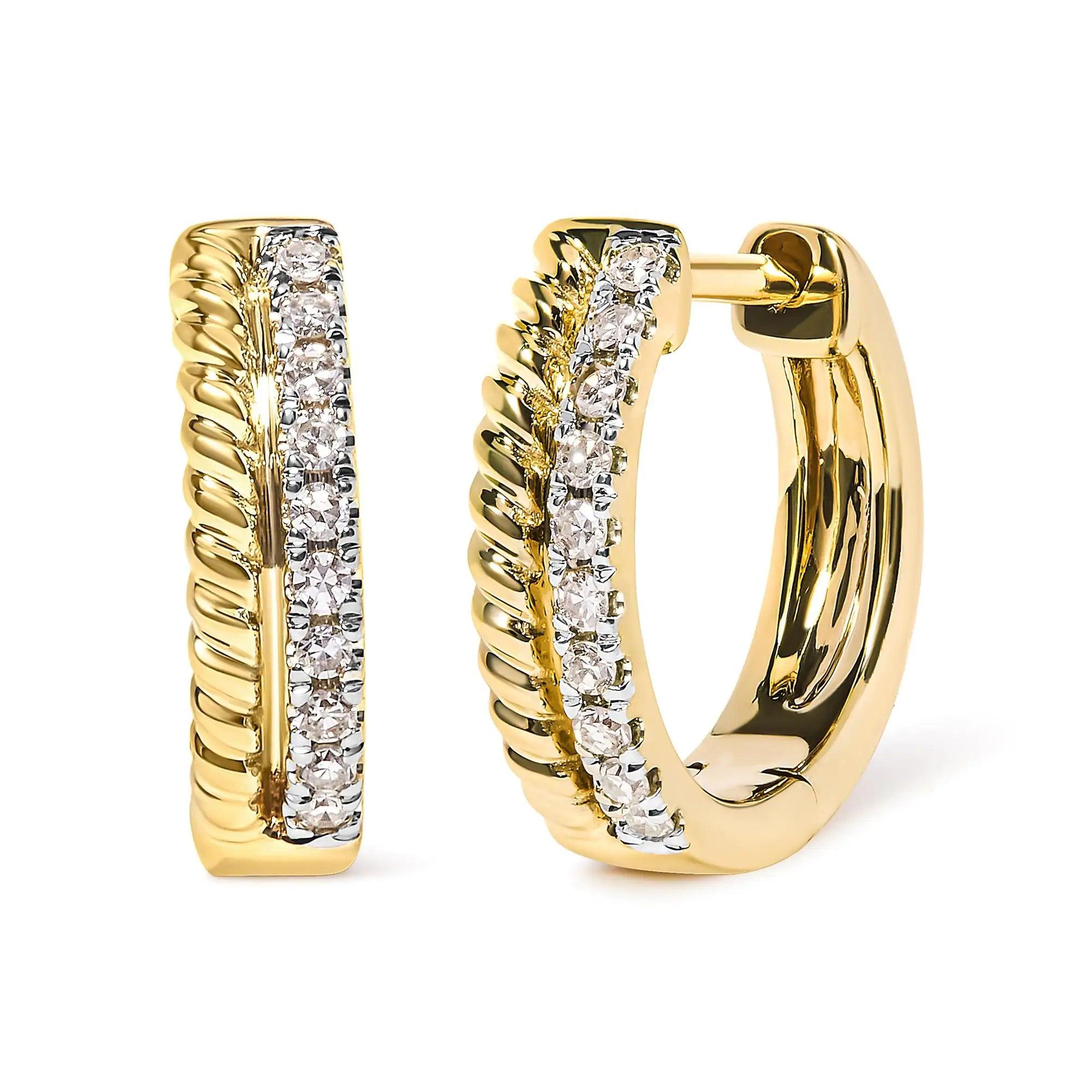 10K Yellow Gold 1/10 Cttw Diamond and Rope Twist Huggy Hoop Earrings (H-I Color, I1-I2 Clarity) - Evallys.com # #