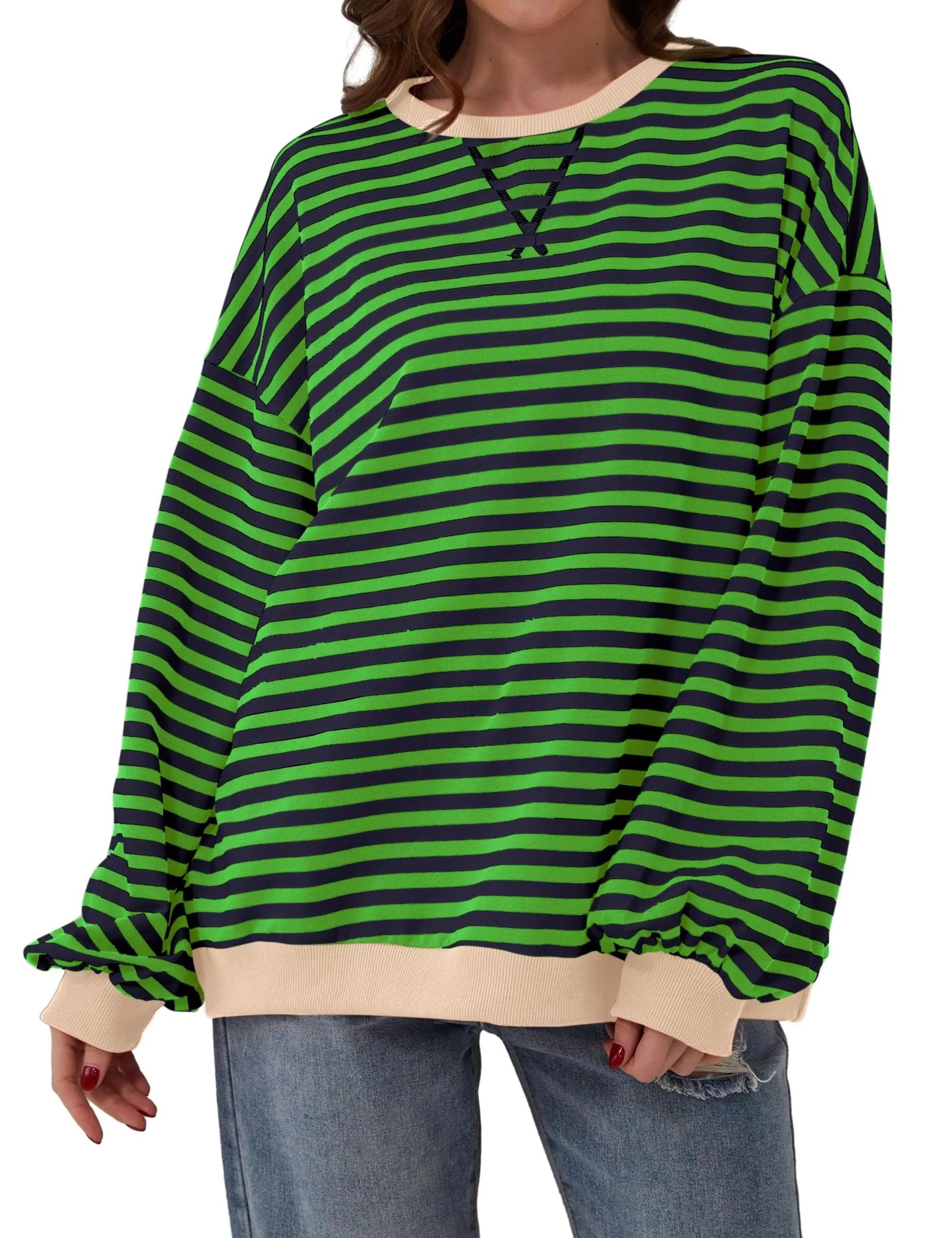 Women Oversized Striped Color Block Long Sleeve Crew Neck Sweatshirt Casual Loose Pullover Y2K Shirt Top Medium Grey Green - Evallys.com # #