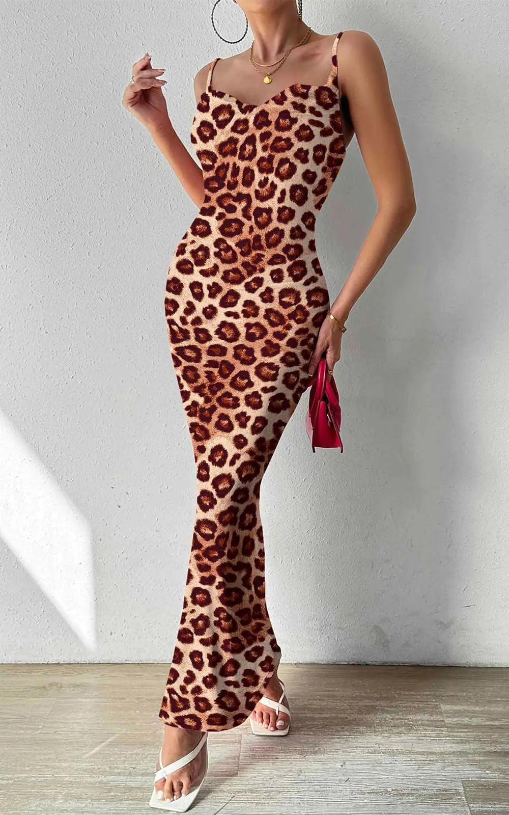 PRETTYGARDEN Women's 2024 Summer Floral Spaghetti Strap Maxi Dress Stretch Sexy Bodycon Dress Backless Slip Long Dresses Large Brown Leopard - Evallys.com # #