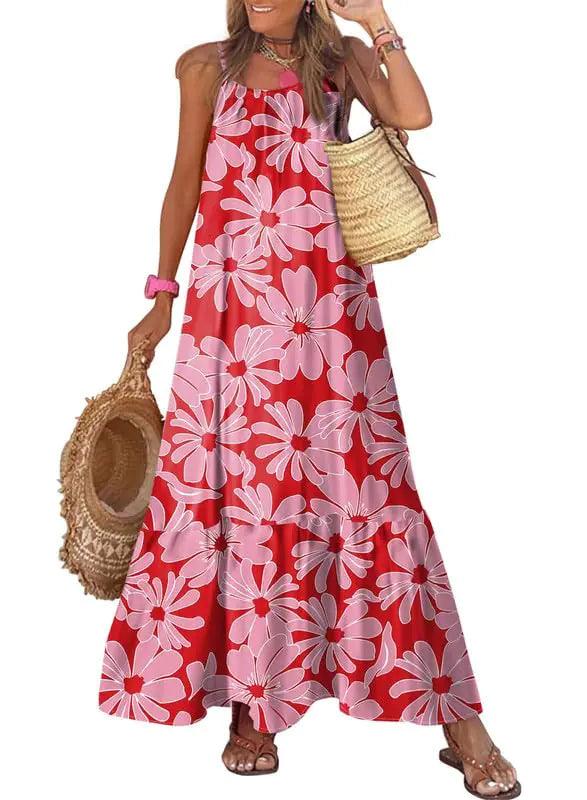 Dokotoo Women Summer Dresses 2024 Spaghetti Strap Scoop Neck Smocked Ruffle Flowy Boho Maxi Dress Small Rose - Evallys.com
