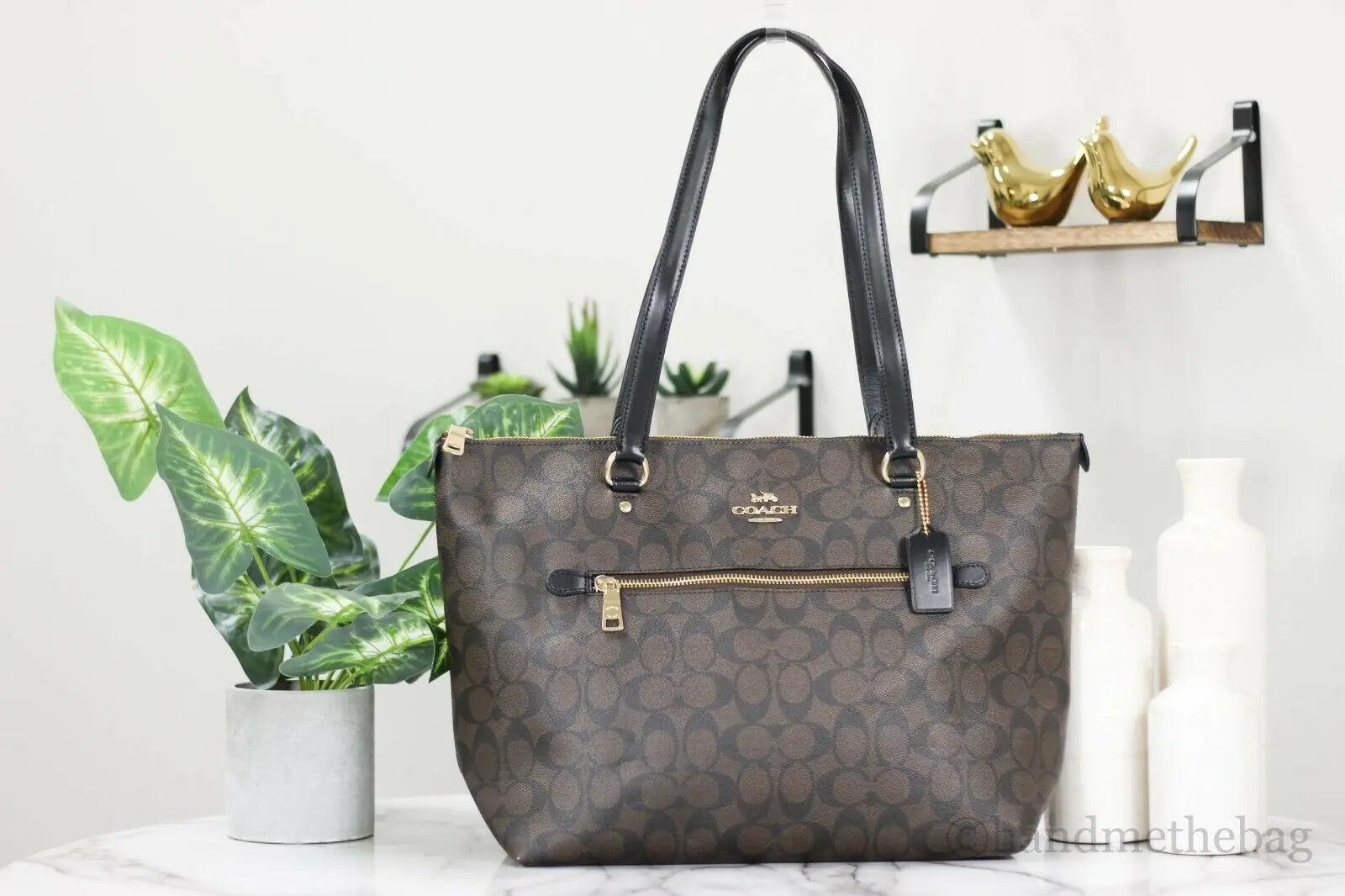 Coach Signature Coated Canvas Brown Black Leather Gallery Tote Handbag - Evallys.com # #