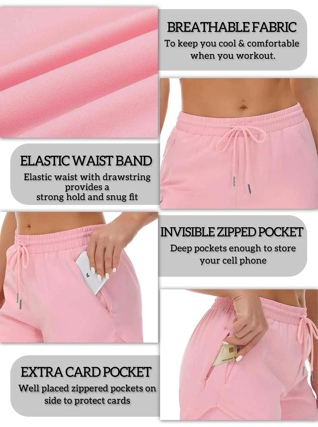 Women's Running Shorts with Liner 3 Zipper Pockets Elastic Workout Athletic Gym Yoga Shorts Small Pink - Evallys.com # #