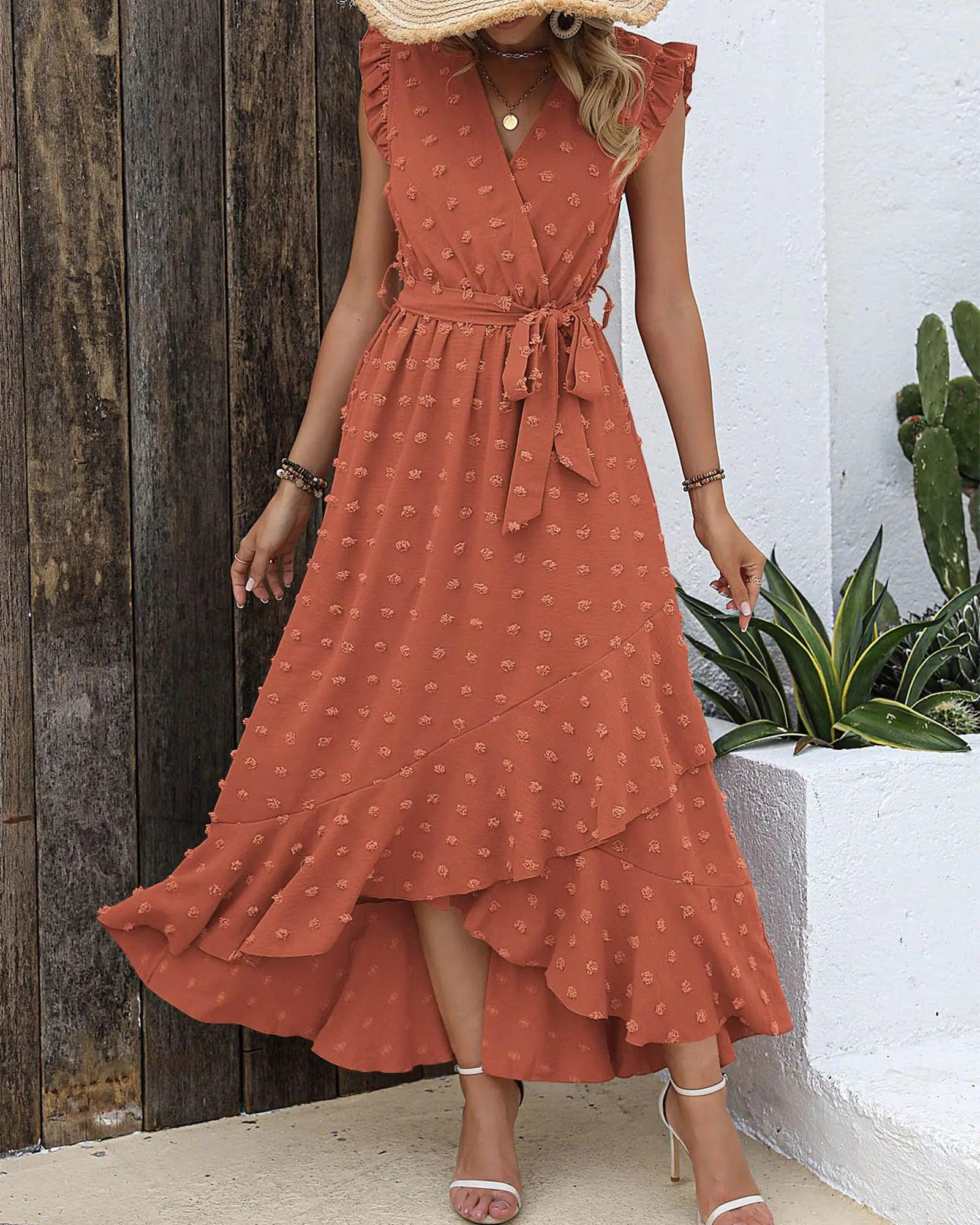 BTFBM Women 2024 Summer V Neck Dress Cap Sleeve Swiss Dot Boho Ruffle Slit Beach Cocktail Party Flowy Long Maxi Dresses Medium Swiss Dot Orange Red - Evallys.com # #