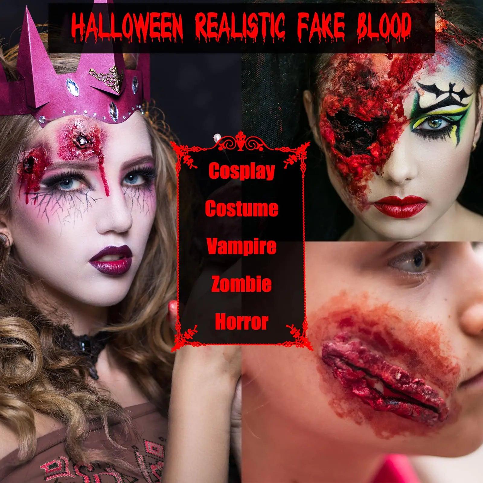 BOBISUKA 3PCS Halloween Fake Blood Makeup Kit - Coagulated Blood 1.41oz + Fake Blood Spray 1.76oz + Dripping Blood 1.76oz, Realistic Washable Special Effects SFX Makeup Set, for Zombie Vampire Monster - Evallys.com # #