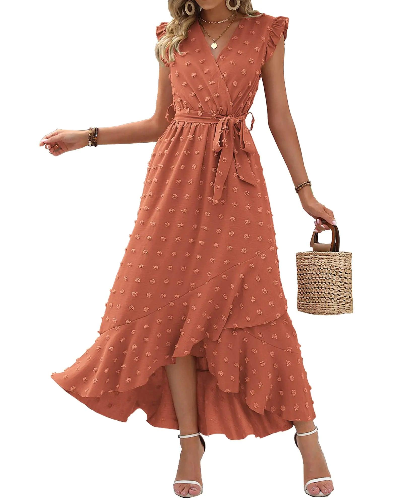 BTFBM Women 2024 Summer V Neck Dress Cap Sleeve Swiss Dot Boho Ruffle Slit Beach Cocktail Party Flowy Long Maxi Dresses Medium Swiss Dot Orange Red - Evallys.com # #