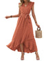 BTFBM Women 2024 Summer V Neck Dress Cap Sleeve Swiss Dot Boho Ruffle Slit Beach Cocktail Party Flowy Long Maxi Dresses Medium Swiss Dot Orange Red - Evallys.com # #