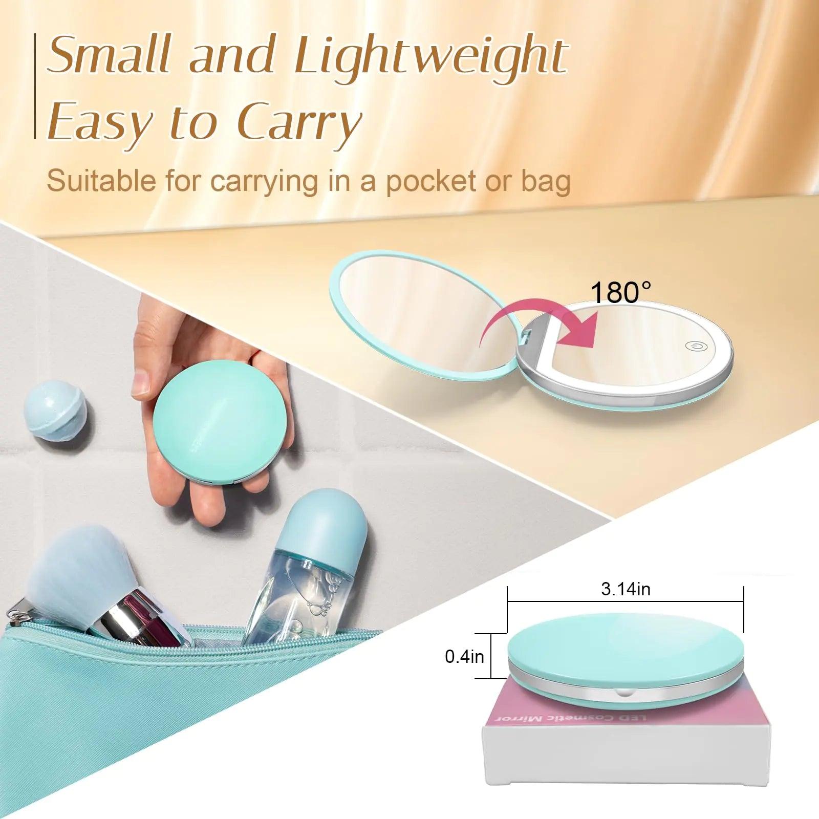 Compact Mirror with Light, 1X/3X Magnification LED Pocket Mirror with USB Data Cable, Mint Green Mini Mirror for Purse, Pocket,Travel and Present - Evallys.com # #