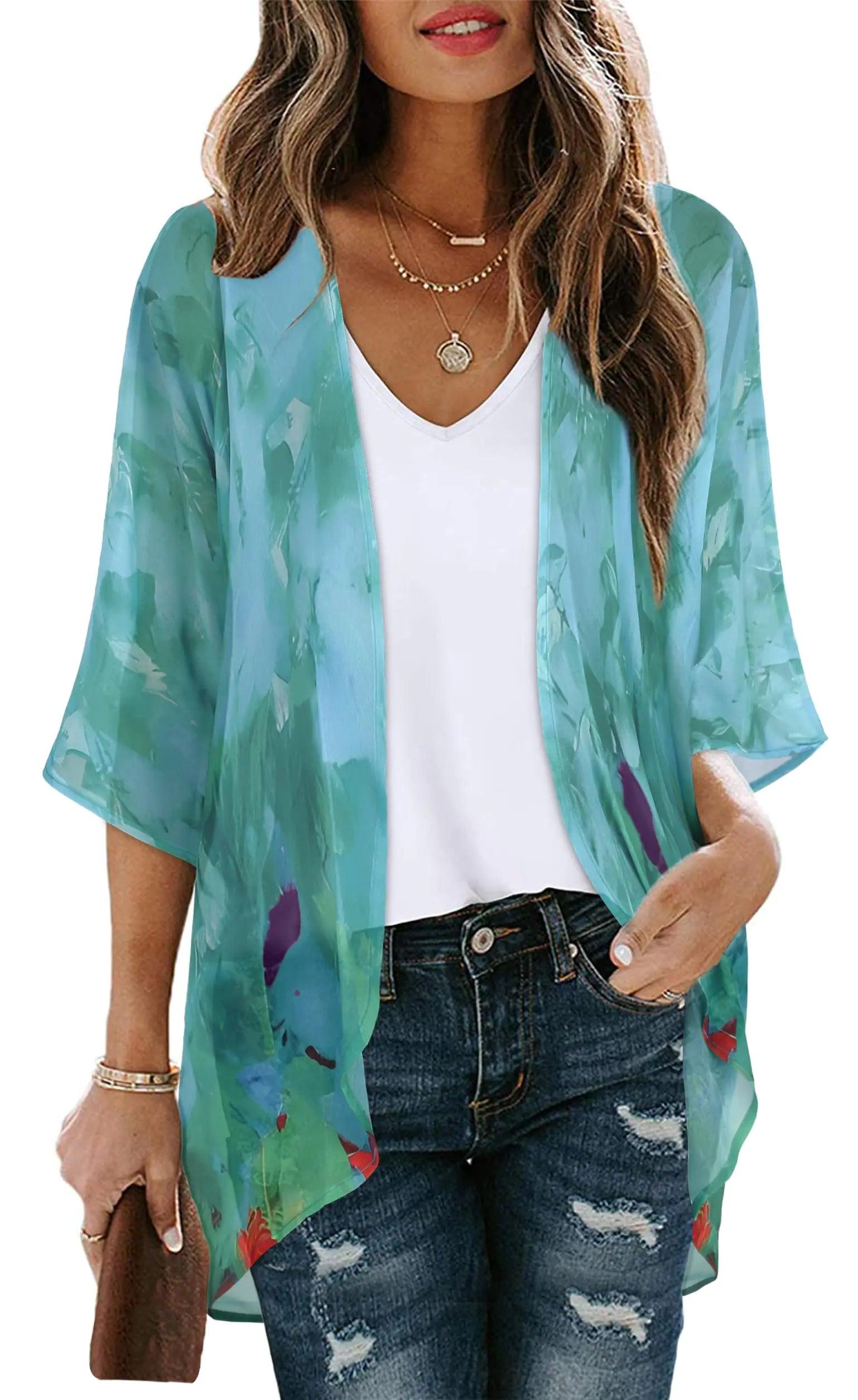 Women's Floral Print Puff Sleeve Kimono Cardigan Loose Cover Up Casual Blouse Tops Small Orange Black - Evallys.com